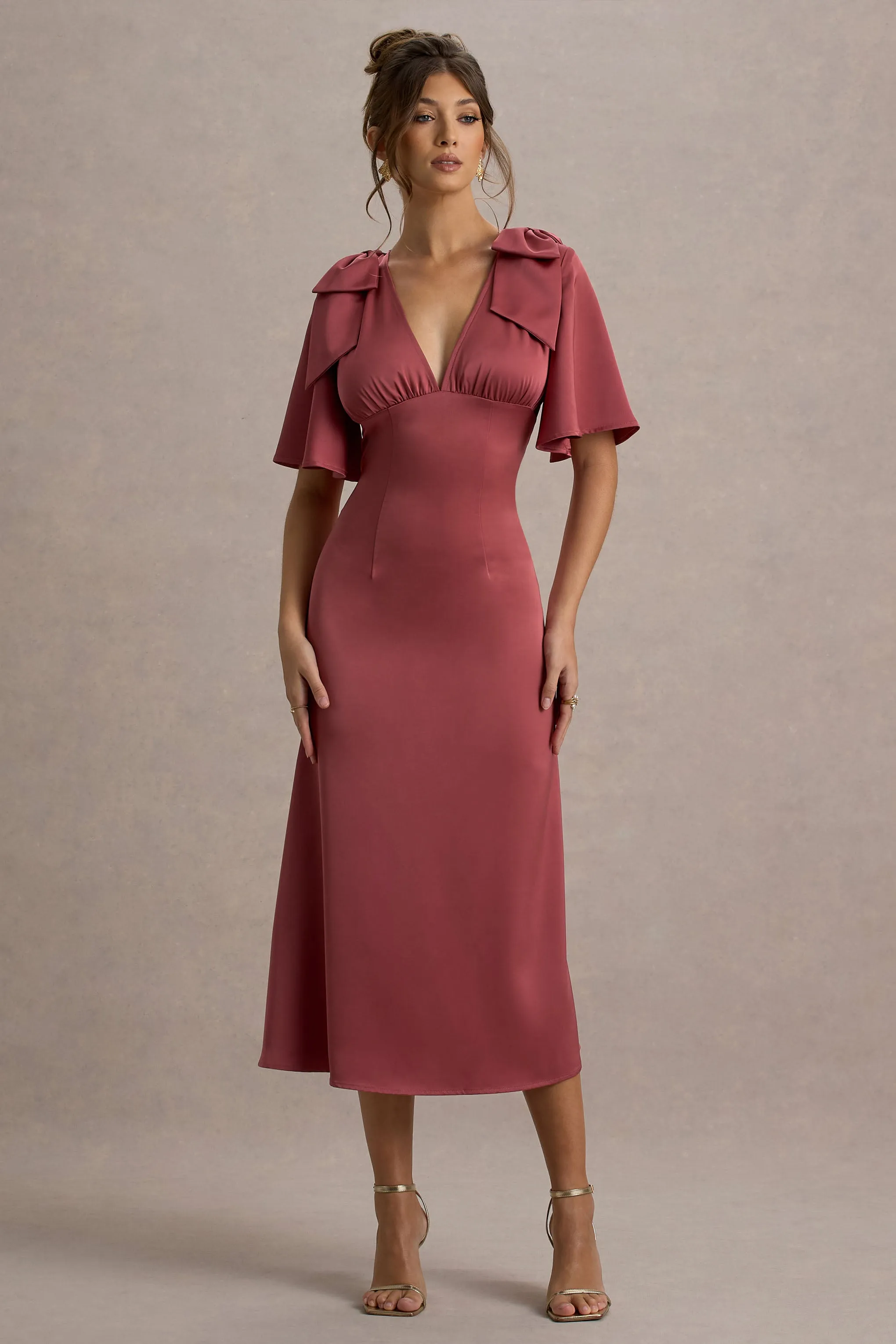 Danna | Rose Pink Satin V-Neck Short-Sleeve Midi Dress Club L London