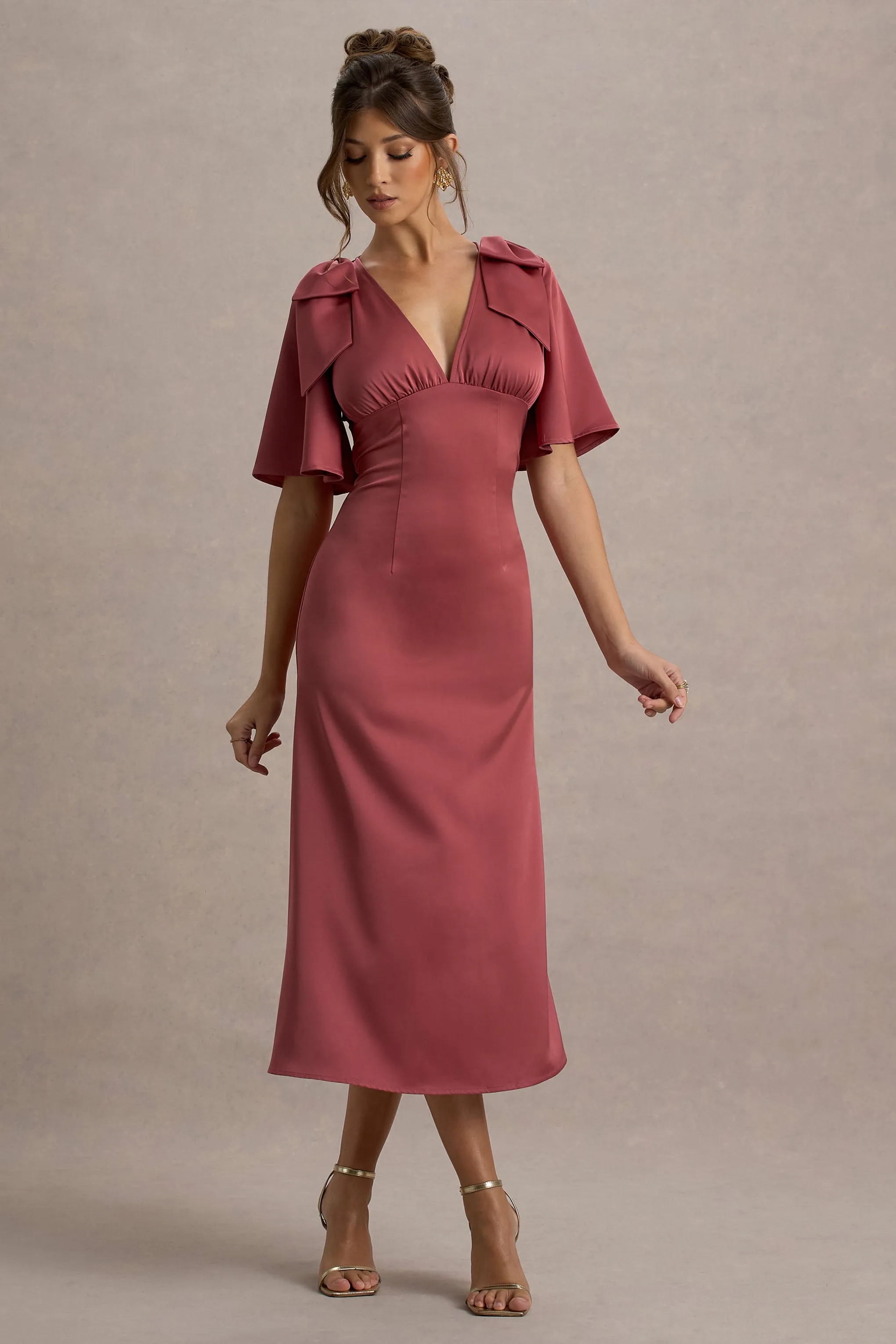 Danna | Rose Pink Satin V-Neck Short-Sleeve Midi Dress Club L London