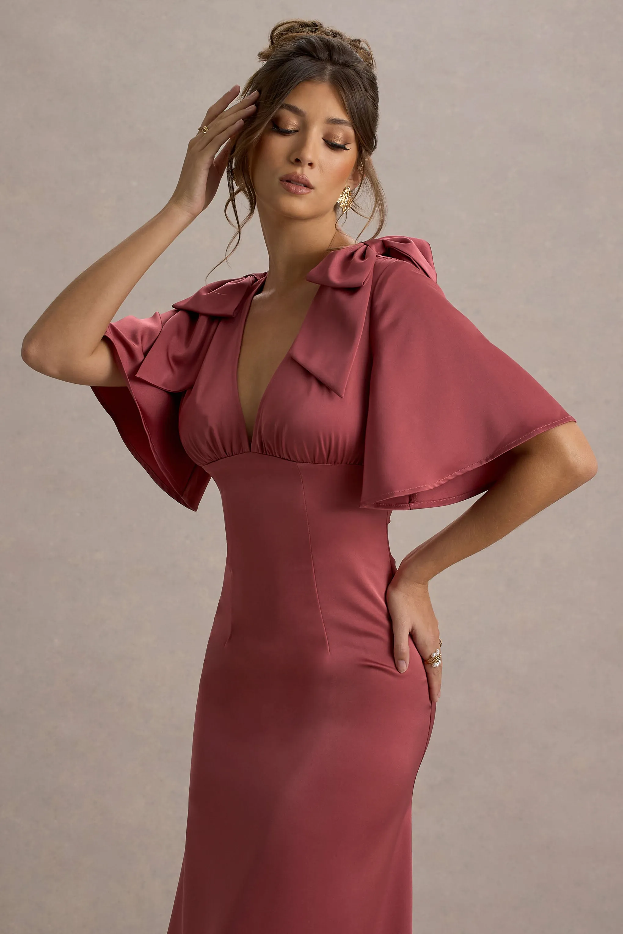 Danna | Rose Pink Satin V-Neck Short-Sleeve Midi Dress Club L London