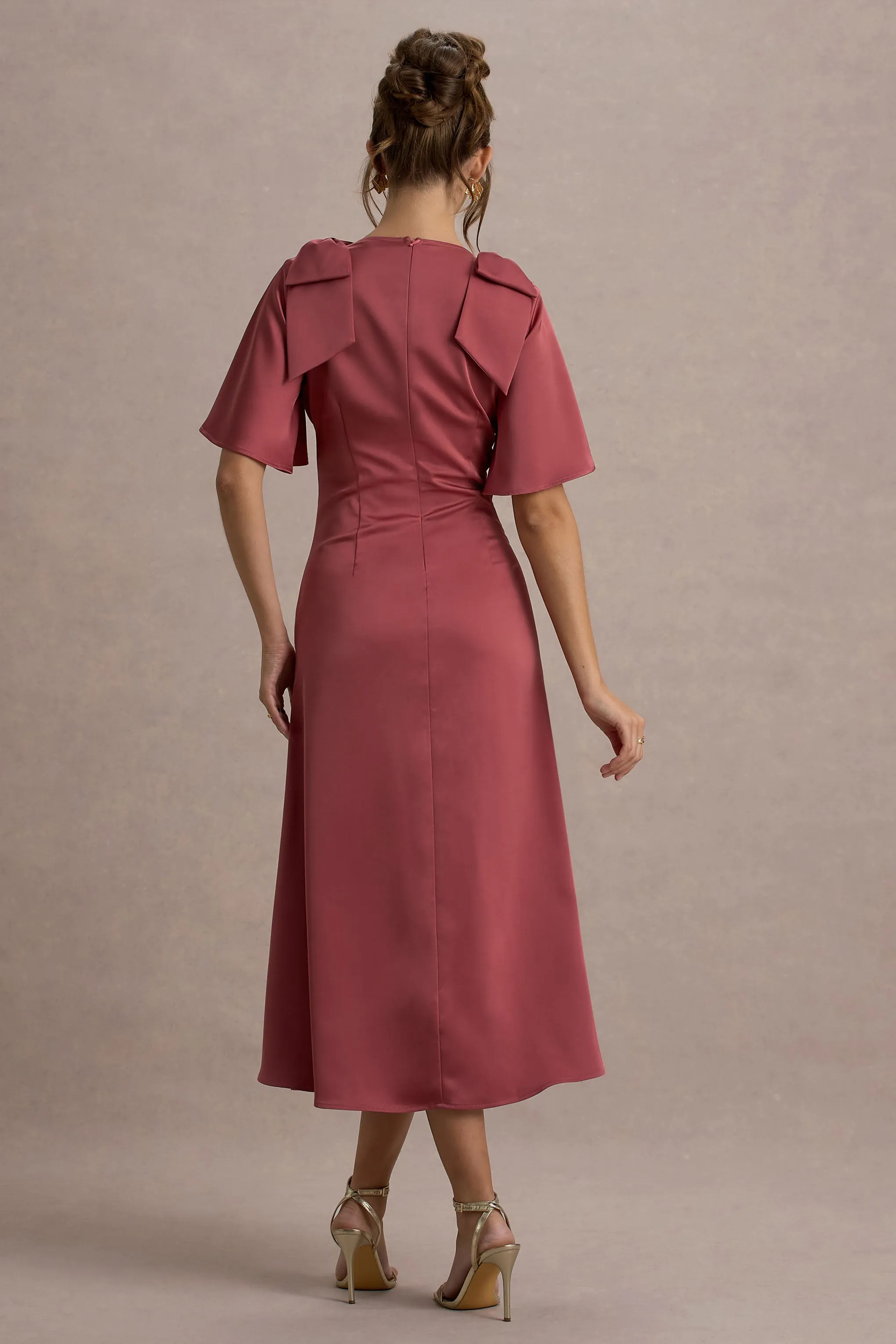 Danna | Rose Pink Satin V-Neck Short-Sleeve Midi Dress Club L London