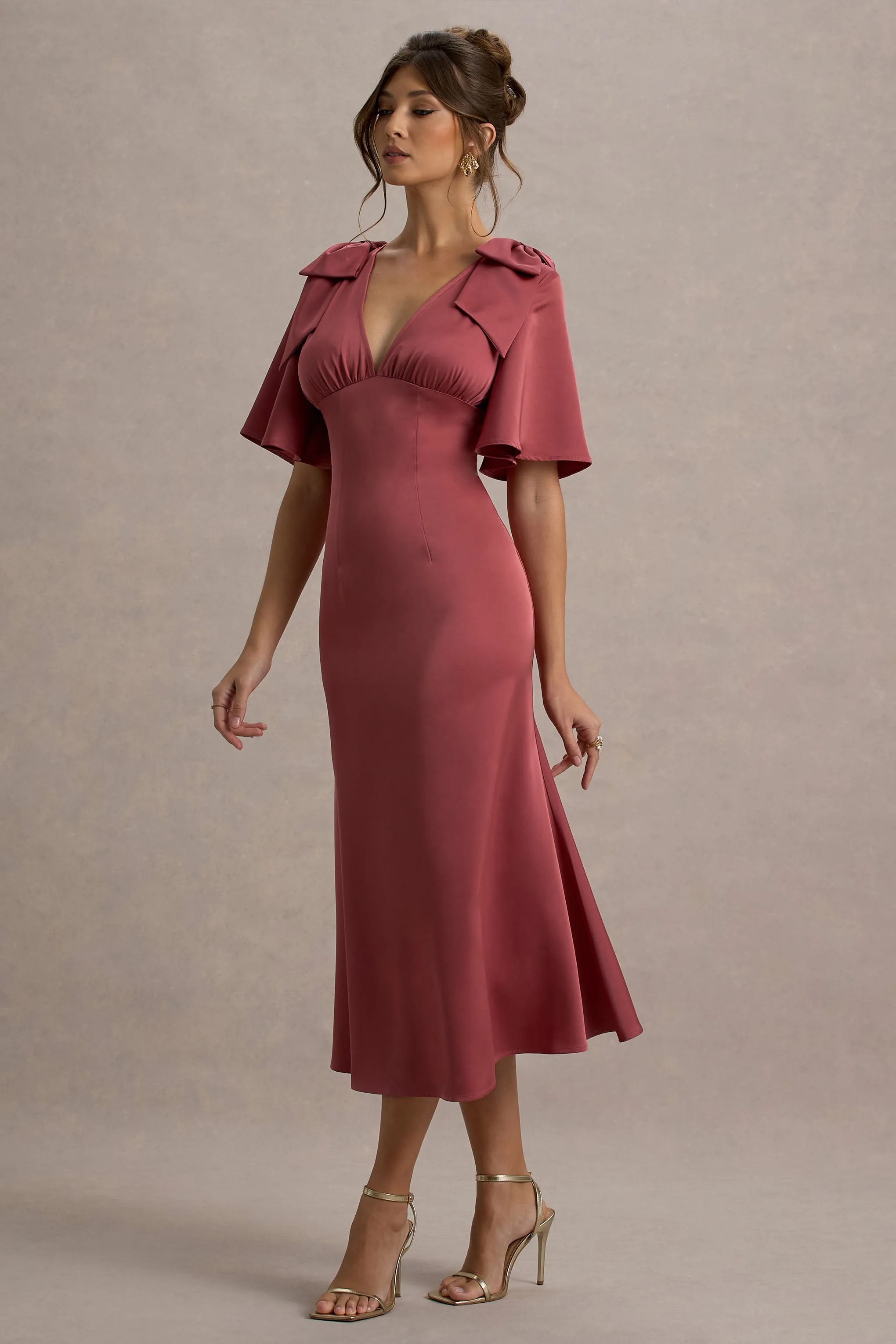 Danna | Rose Pink Satin V-Neck Short-Sleeve Midi Dress Club L London