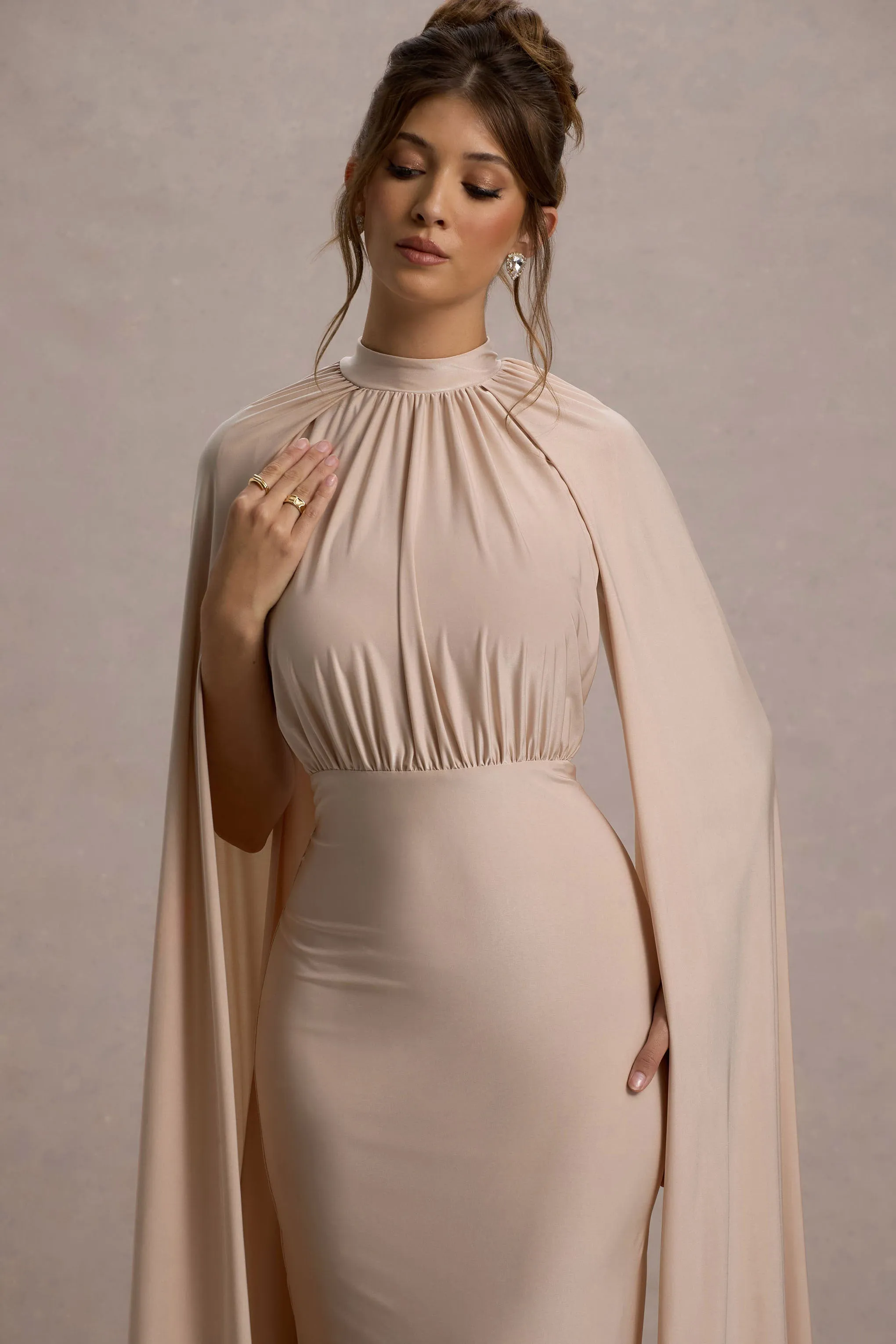 Darielle | Champagne High-Neck Cape-Sleeve Maxi Dress Club L London