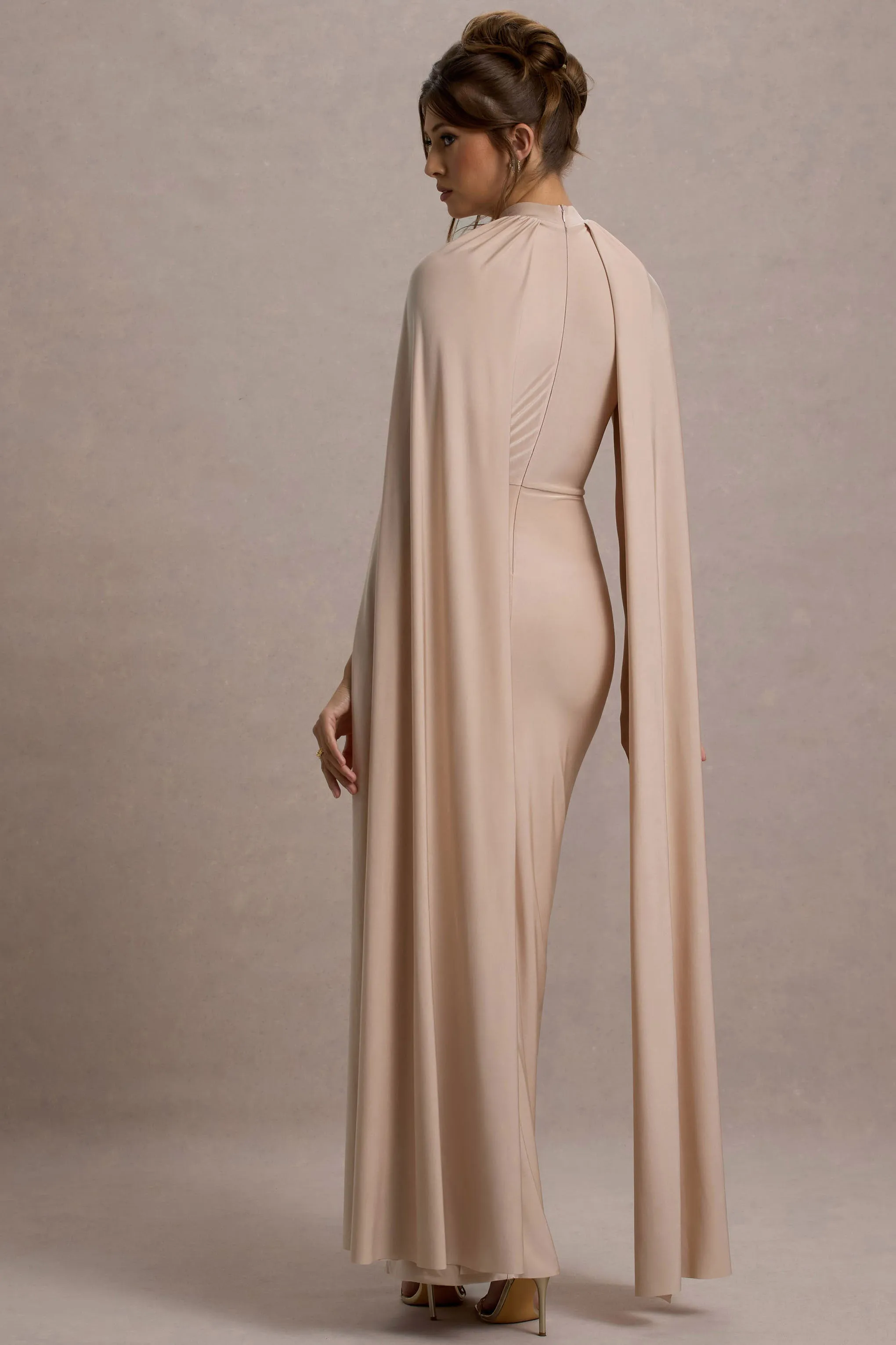 Darielle | Champagne High-Neck Cape-Sleeve Maxi Dress Club L London
