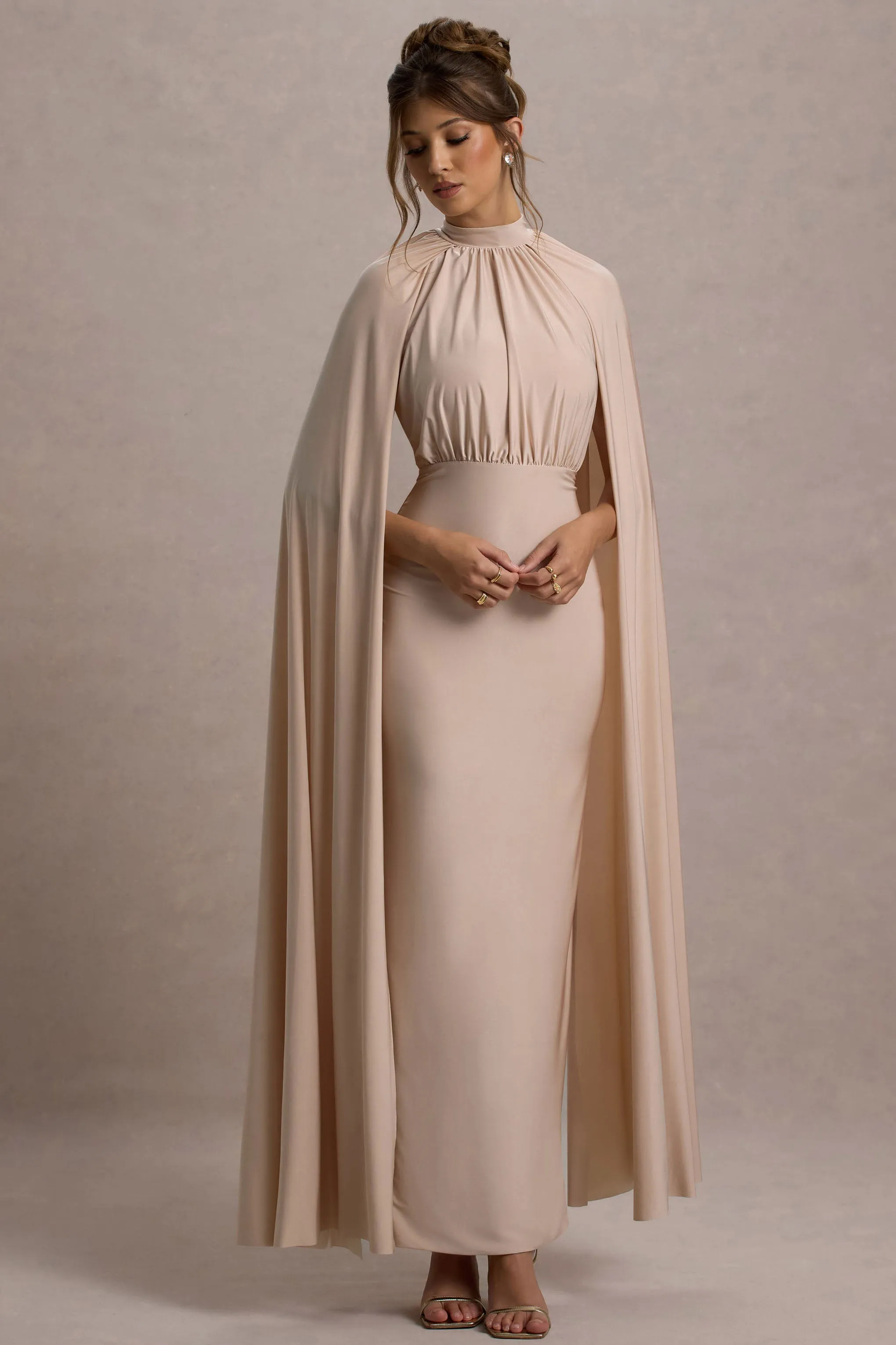 Darielle | Champagne High-Neck Cape-Sleeve Maxi Dress Club L London