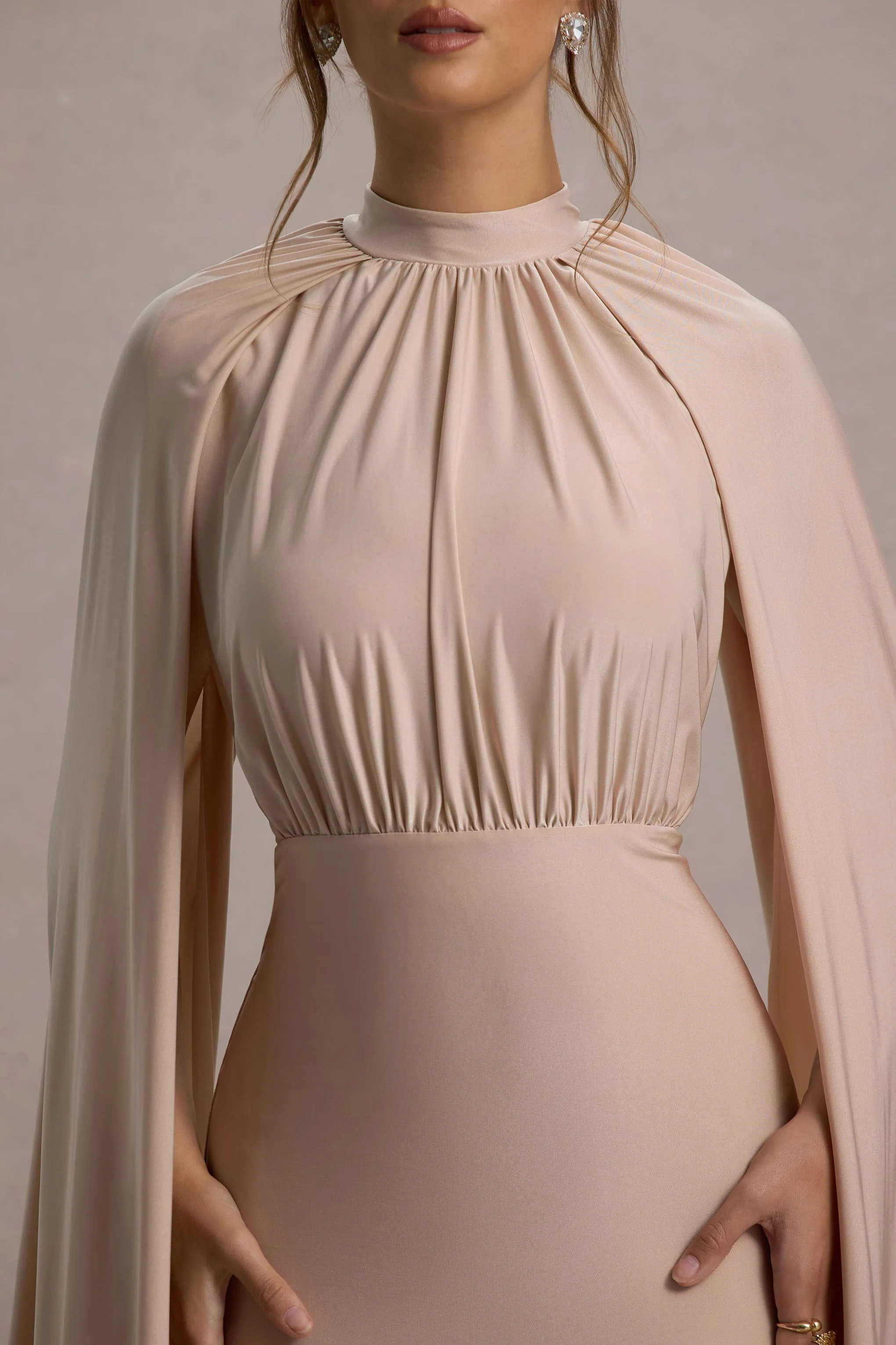 Darielle | Champagne High-Neck Cape-Sleeve Maxi Dress Club L London