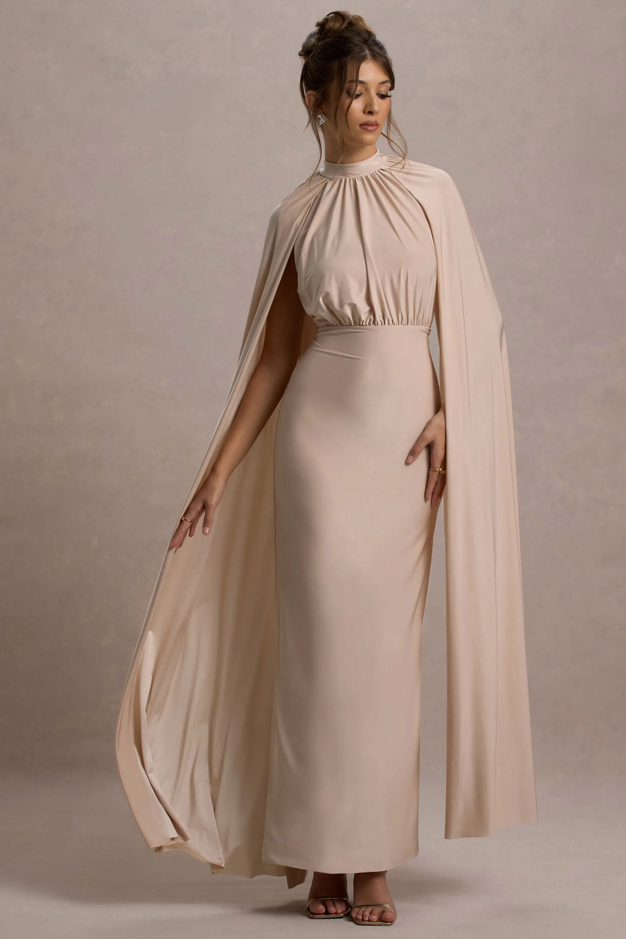 Darielle | Champagne High-Neck Cape-Sleeve Maxi Dress Club L London