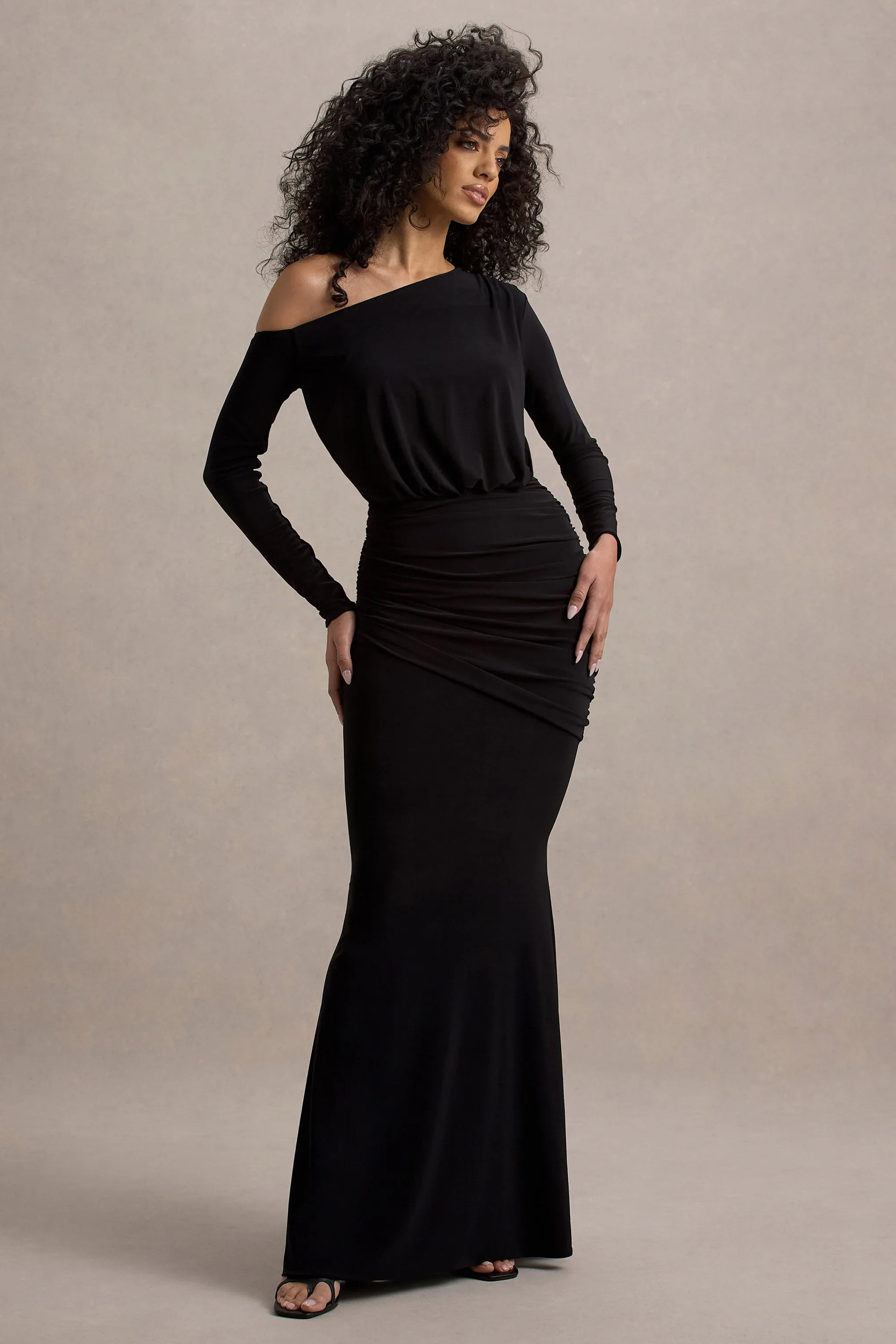 Deanna | Black Asymmetric Long-Sleeve Ruched Maxi Dress Club L London