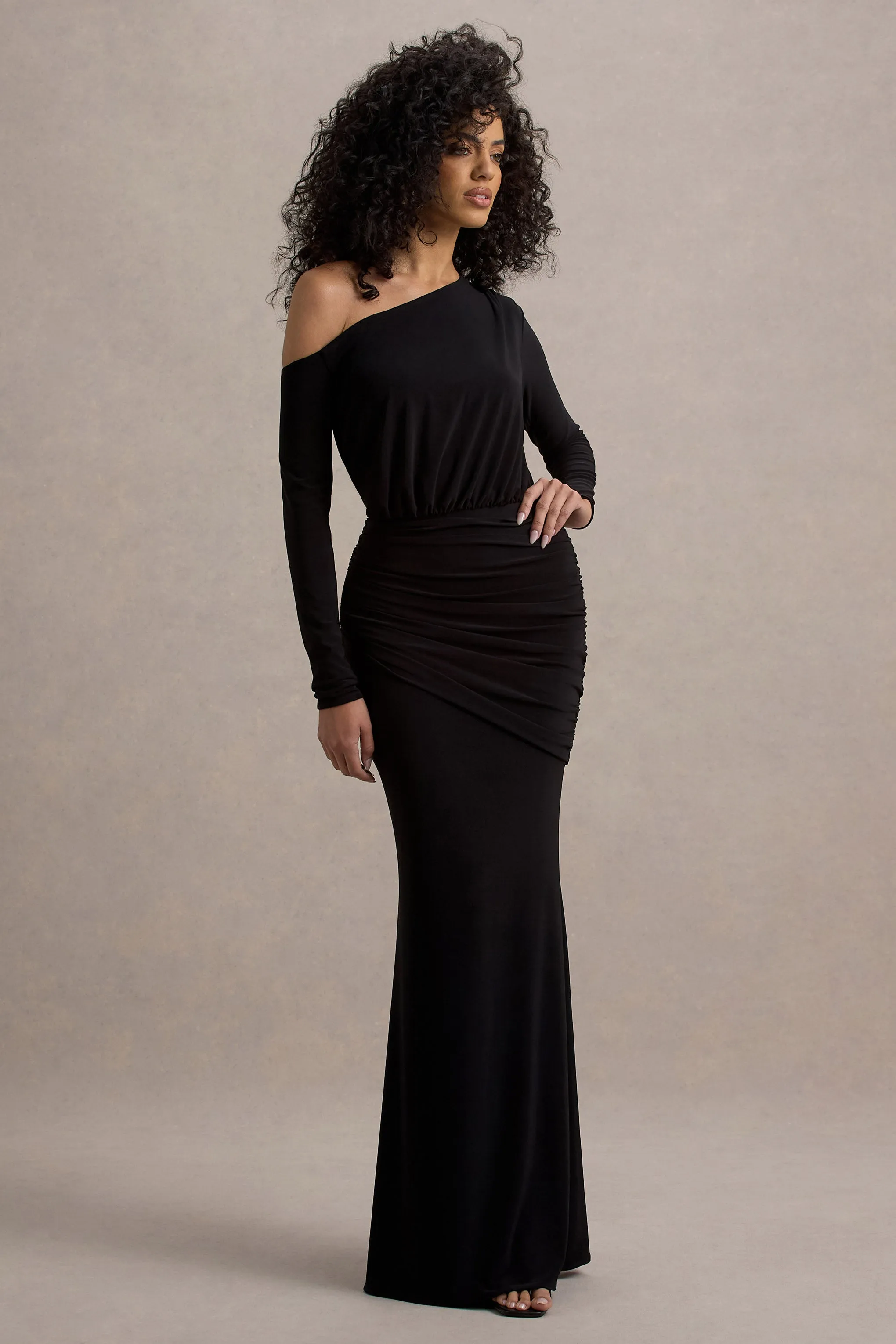 Deanna | Black Asymmetric Long-Sleeve Ruched Maxi Dress Club L London