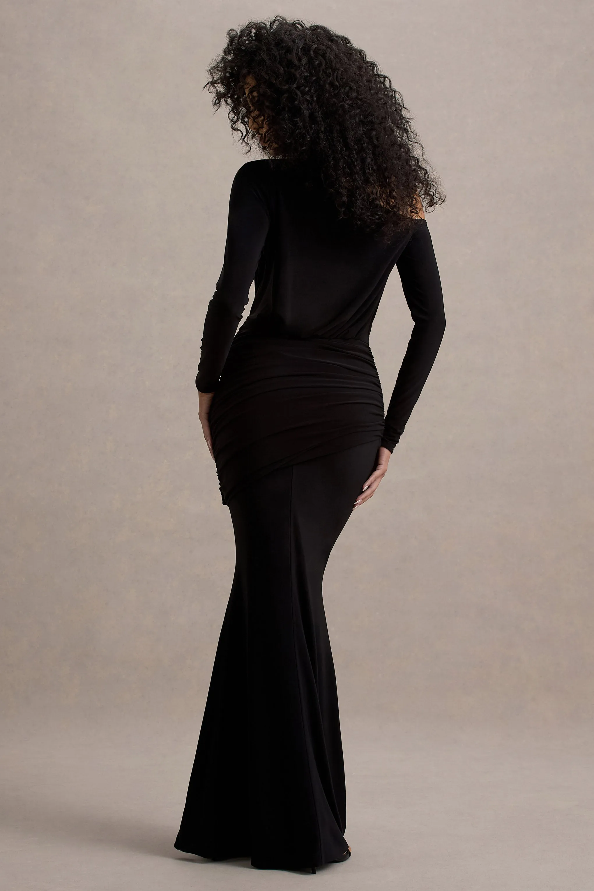 Deanna | Black Asymmetric Long-Sleeve Ruched Maxi Dress Club L London