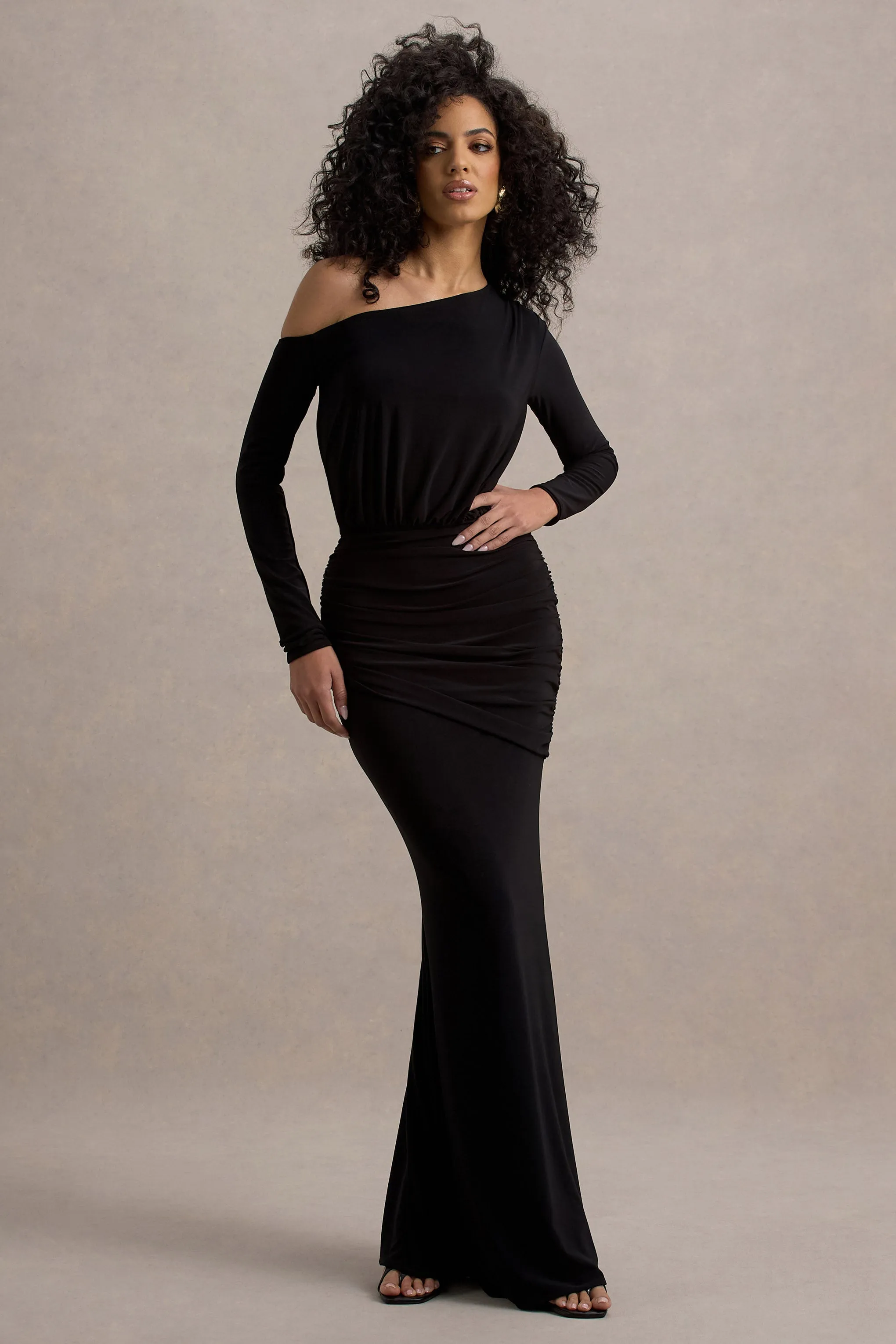 Deanna | Black Asymmetric Long-Sleeve Ruched Maxi Dress Club L London