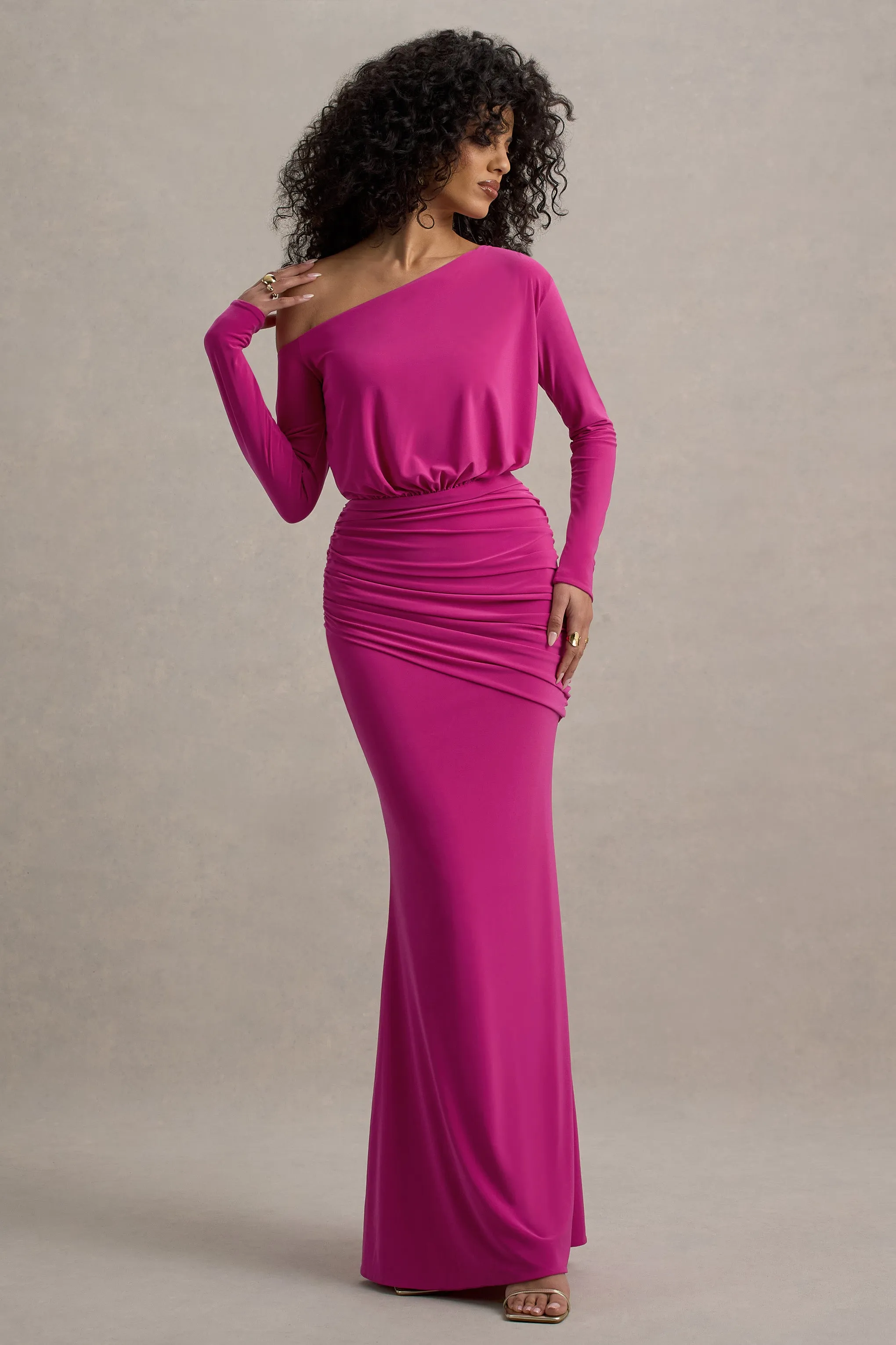 Deanna | Hot Pink Asymmetric Long-Sleeve Ruched Maxi Dress Club L London