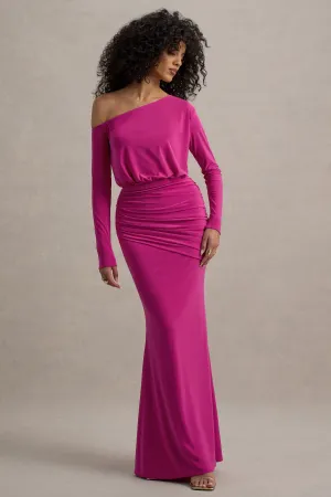 Deanna | Hot Pink Asymmetric Long-Sleeve Ruched Maxi Dress Club L London