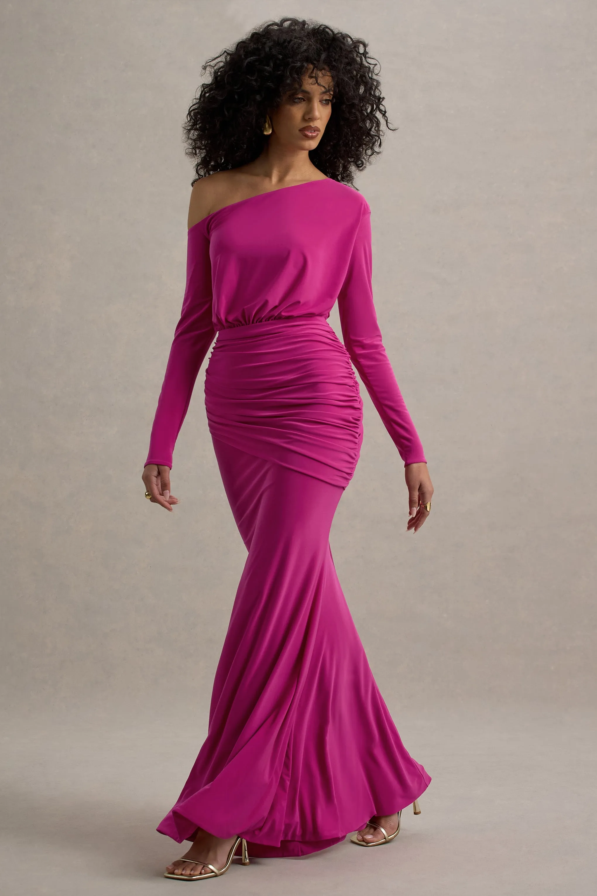 Deanna | Hot Pink Asymmetric Long-Sleeve Ruched Maxi Dress Club L London