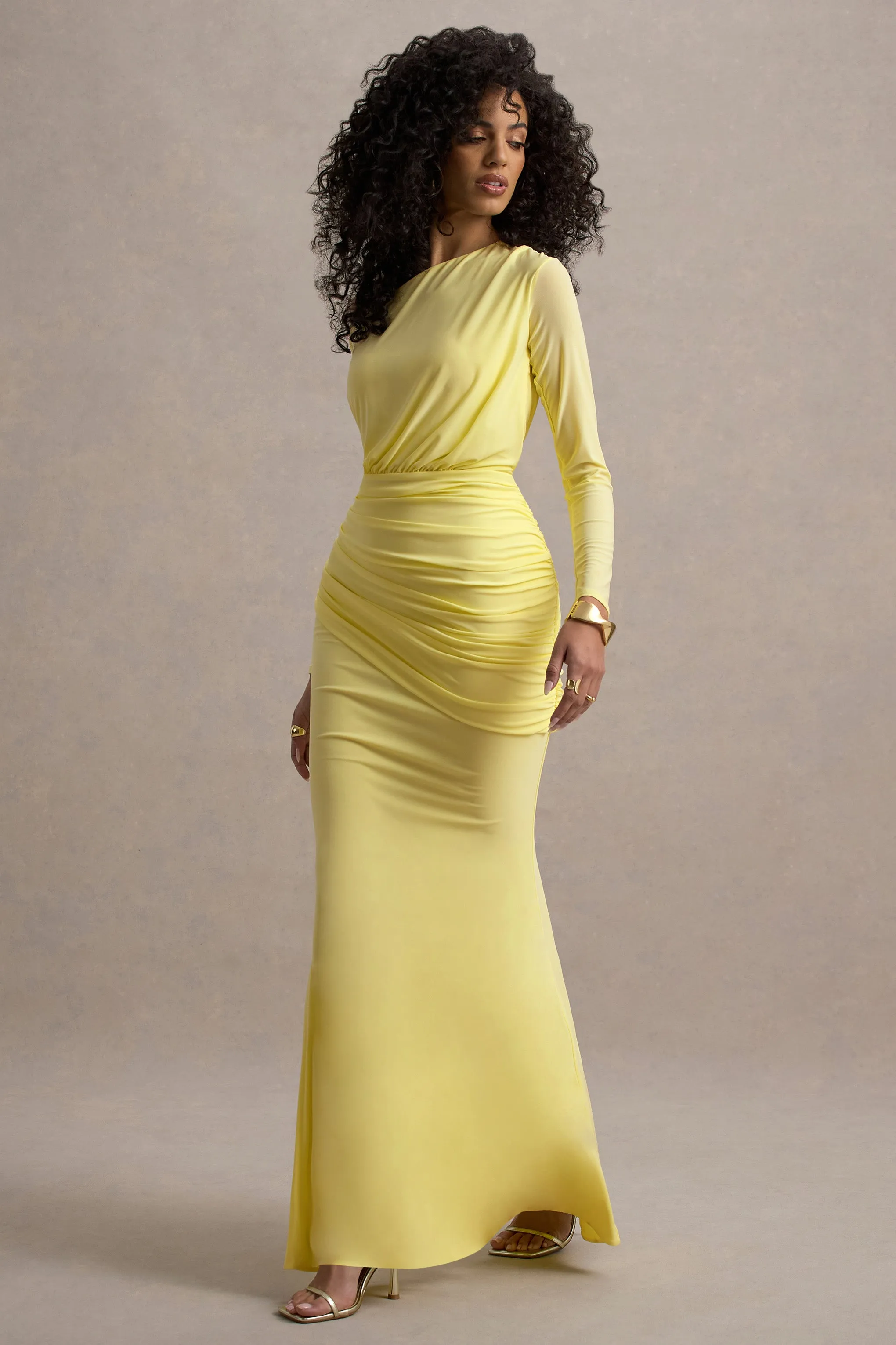 Deanna | Lemon Asymmetric Long-Sleeve Ruched Maxi Dress Club L London