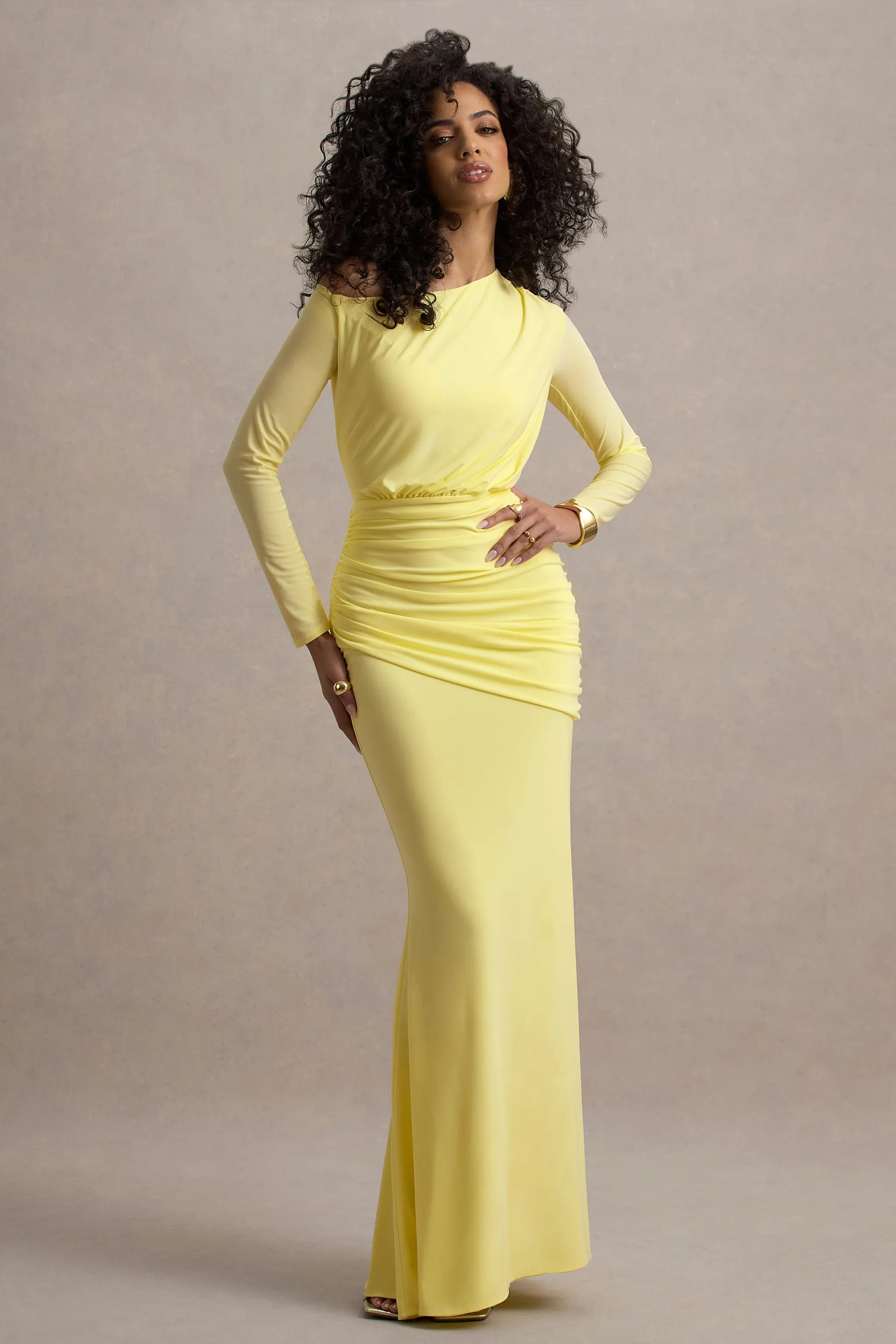 Deanna | Lemon Asymmetric Long-Sleeve Ruched Maxi Dress Club L London
