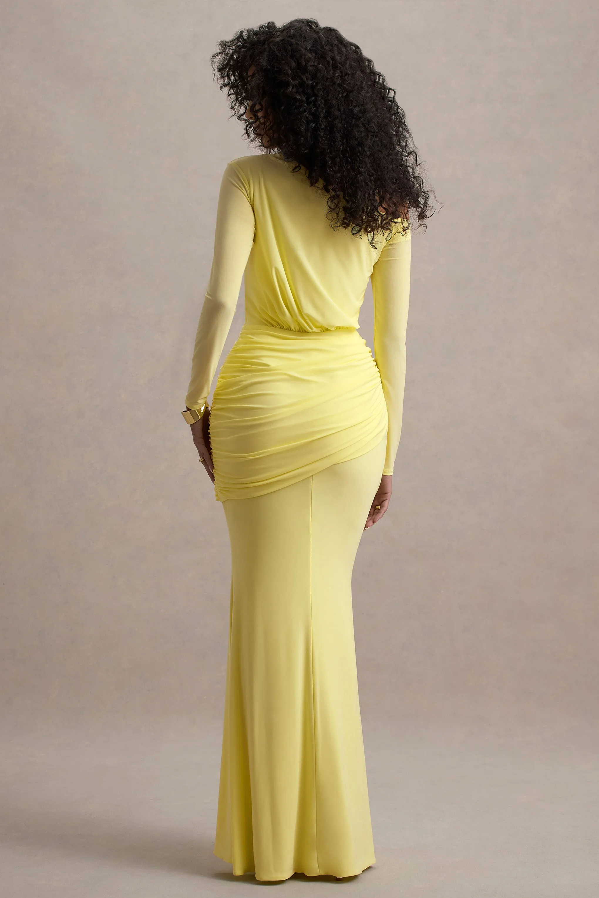 Deanna | Lemon Asymmetric Long-Sleeve Ruched Maxi Dress Club L London