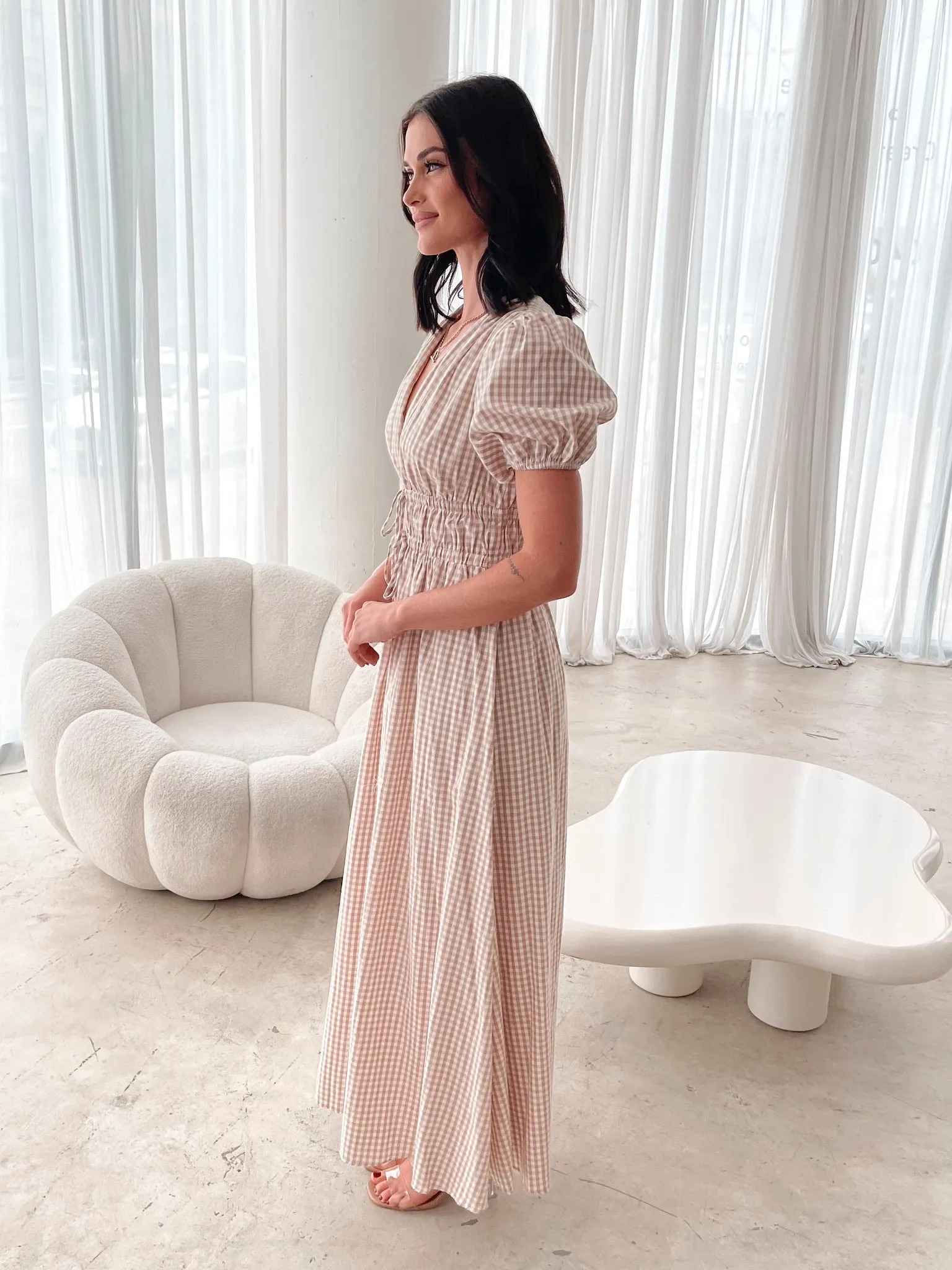 Dianara Dress - Beige Gingham