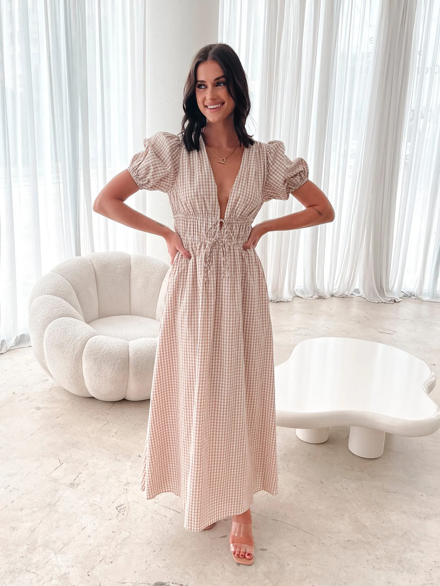 Dianara Dress - Beige Gingham