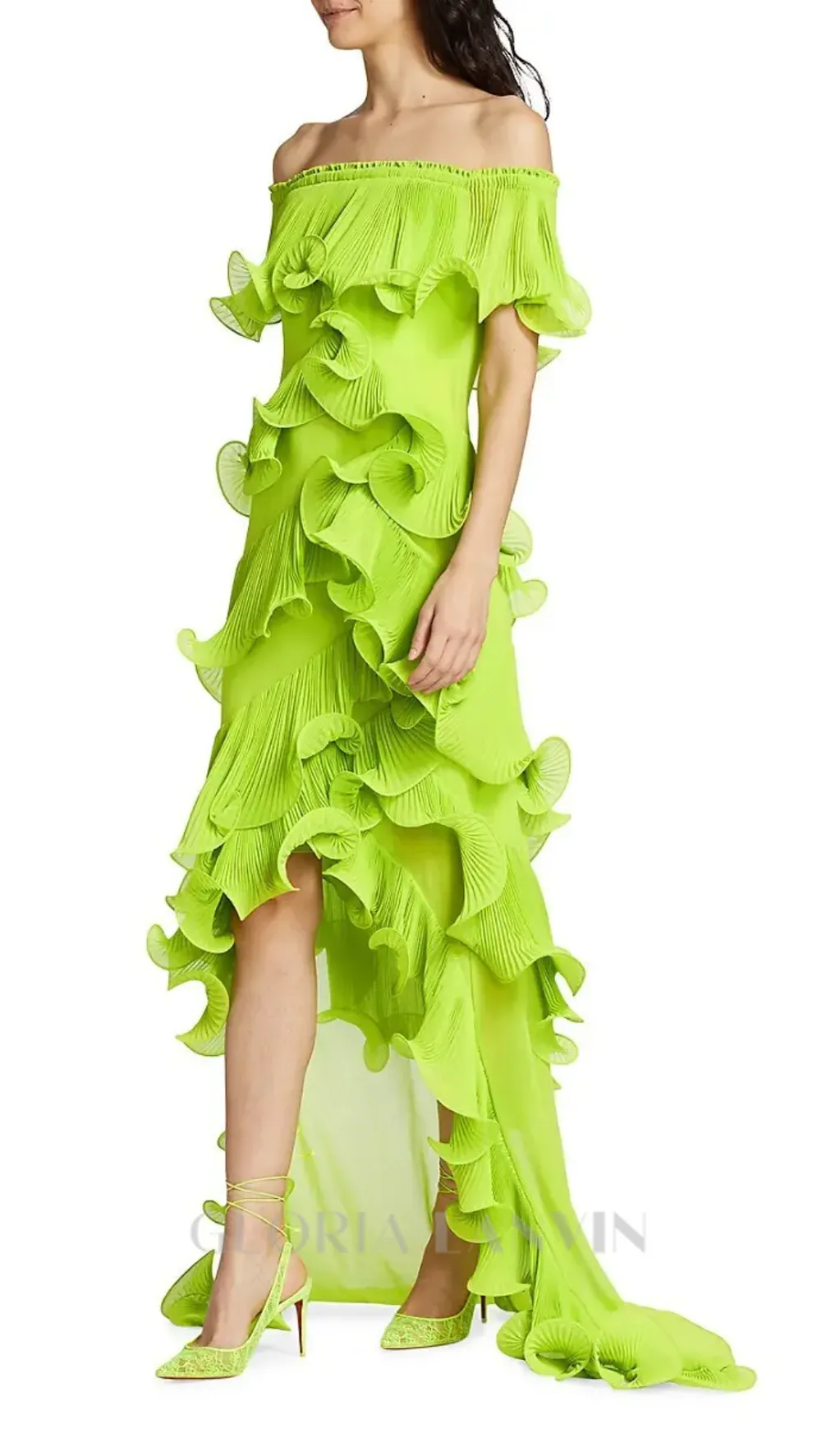 DORA GREEN OFF-SHOULDER PLEATED ORGANZA MAXI DRESS Gloria Lanvin