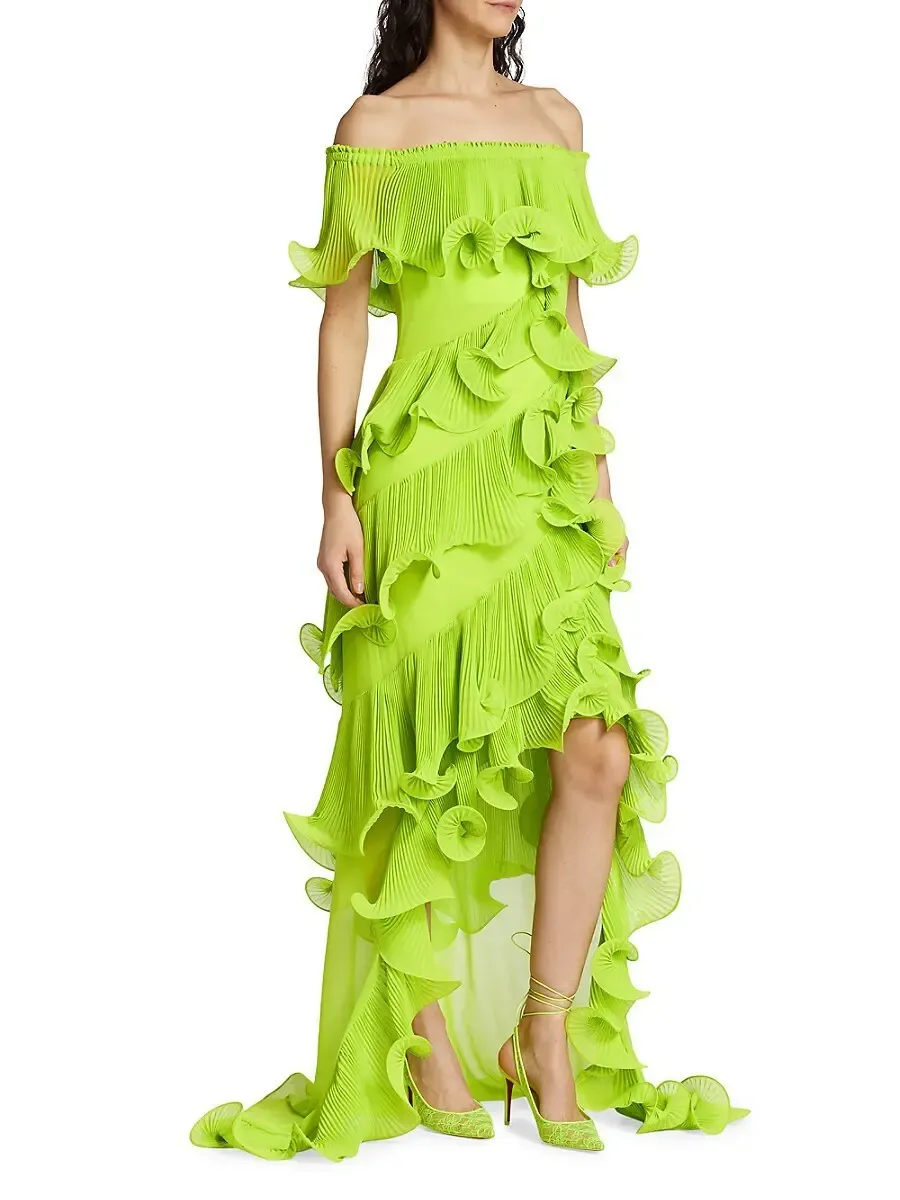 DORA GREEN OFF-SHOULDER PLEATED ORGANZA MAXI DRESS Gloria Lanvin