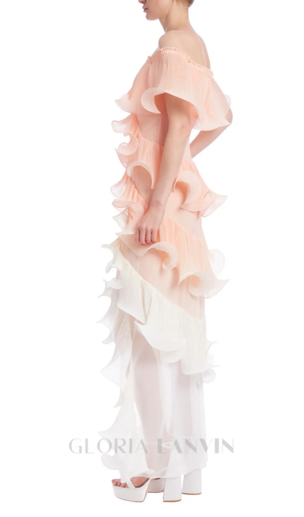 DORA PEACH MULTI OMBRE OFF-SHOULDER PLEATED ORGANZA MAXI DRESS Gloria Lanvin