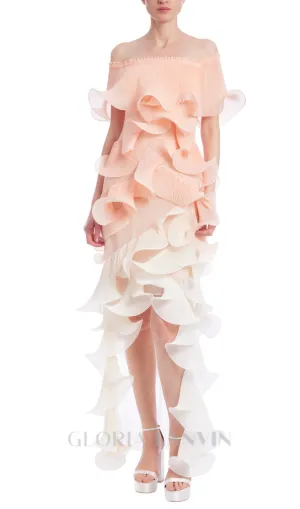 DORA PEACH MULTI OMBRE OFF-SHOULDER PLEATED ORGANZA MAXI DRESS Gloria Lanvin