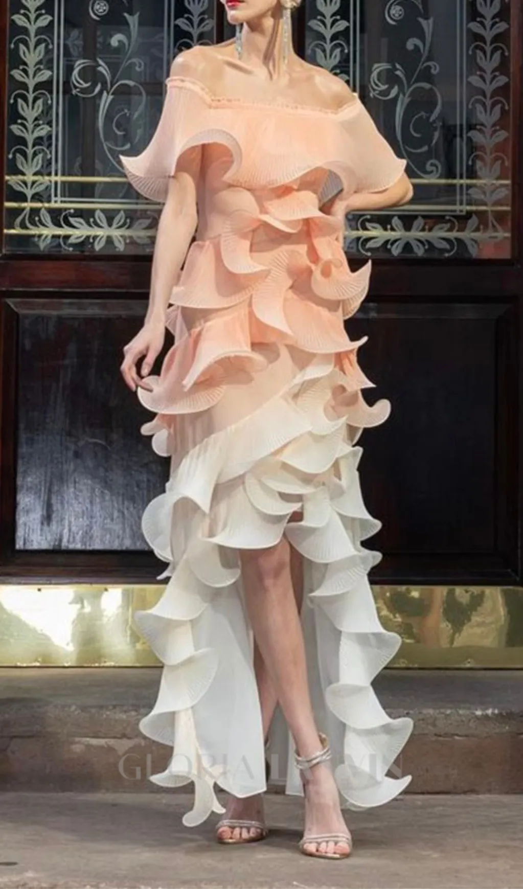 DORA PEACH MULTI OMBRE OFF-SHOULDER PLEATED ORGANZA MAXI DRESS Gloria Lanvin