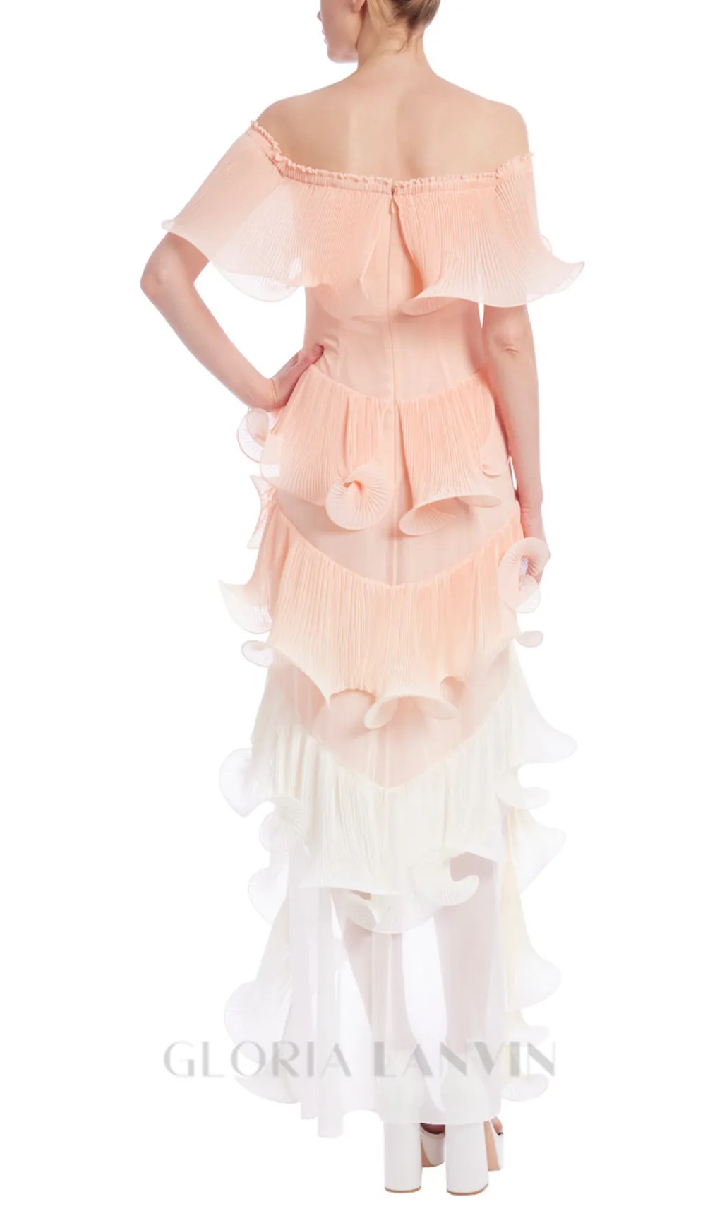 DORA PEACH MULTI OMBRE OFF-SHOULDER PLEATED ORGANZA MAXI DRESS Gloria Lanvin
