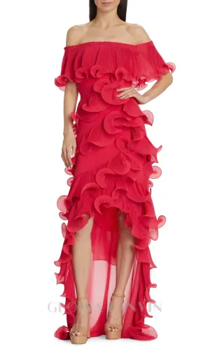 DORA ROSE RED OFF-SHOULDER PLEATED ORGANZA MAXI DRESS Gloria Lanvin