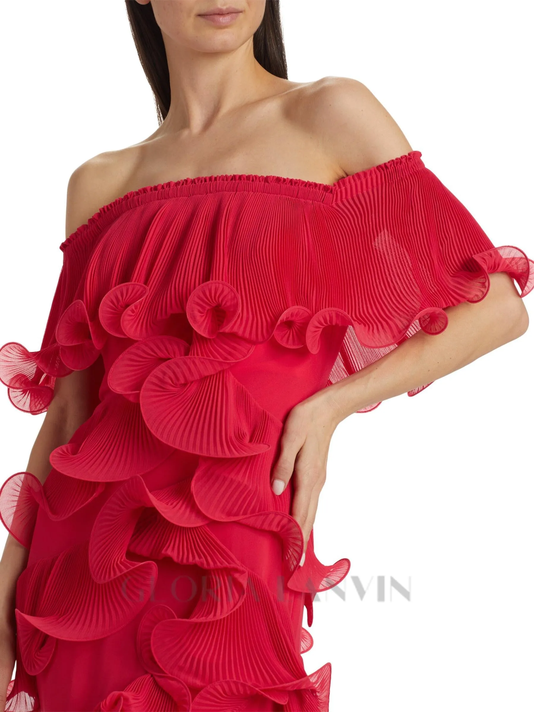 DORA ROSE RED OFF-SHOULDER PLEATED ORGANZA MAXI DRESS Gloria Lanvin