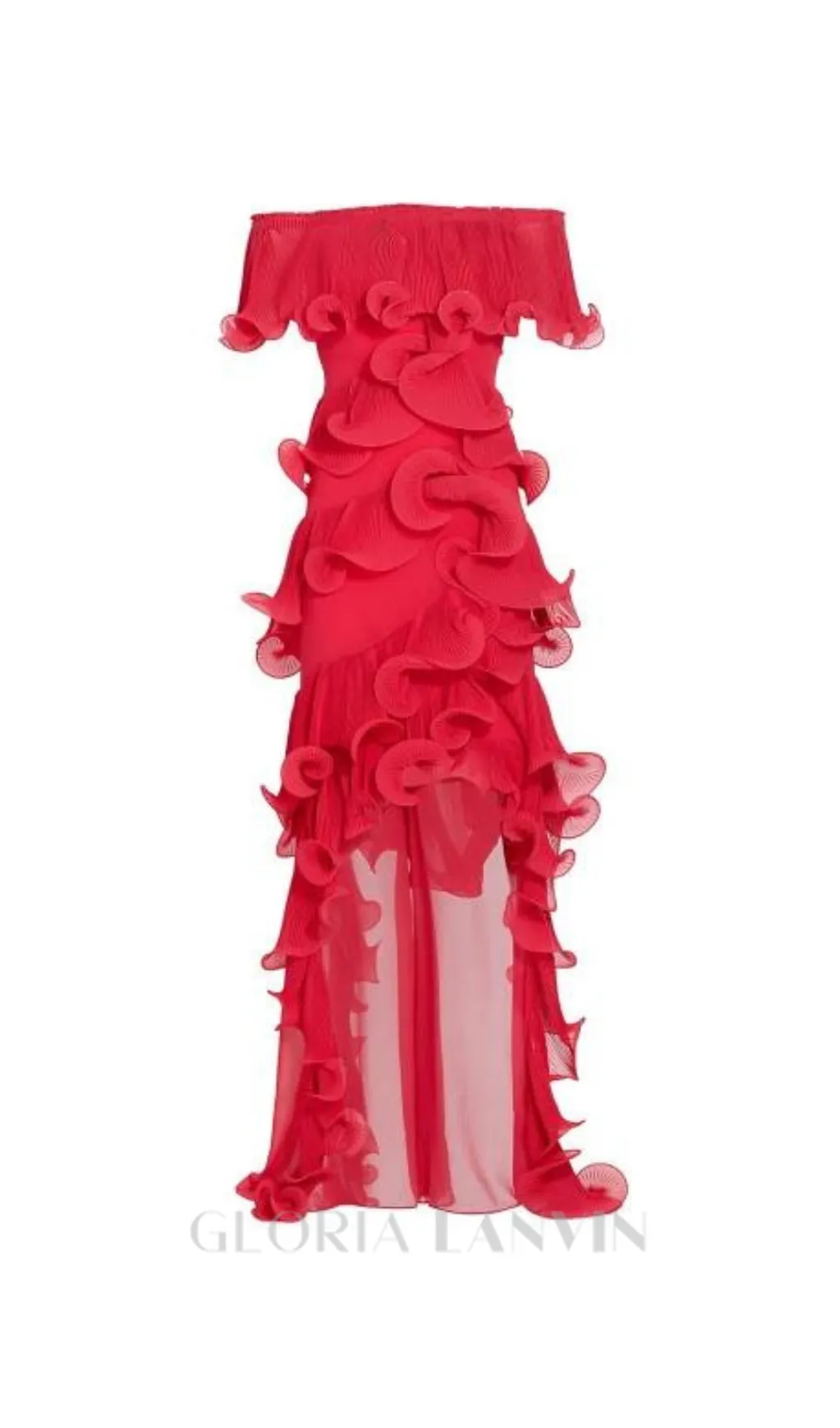 DORA ROSE RED OFF-SHOULDER PLEATED ORGANZA MAXI DRESS Gloria Lanvin