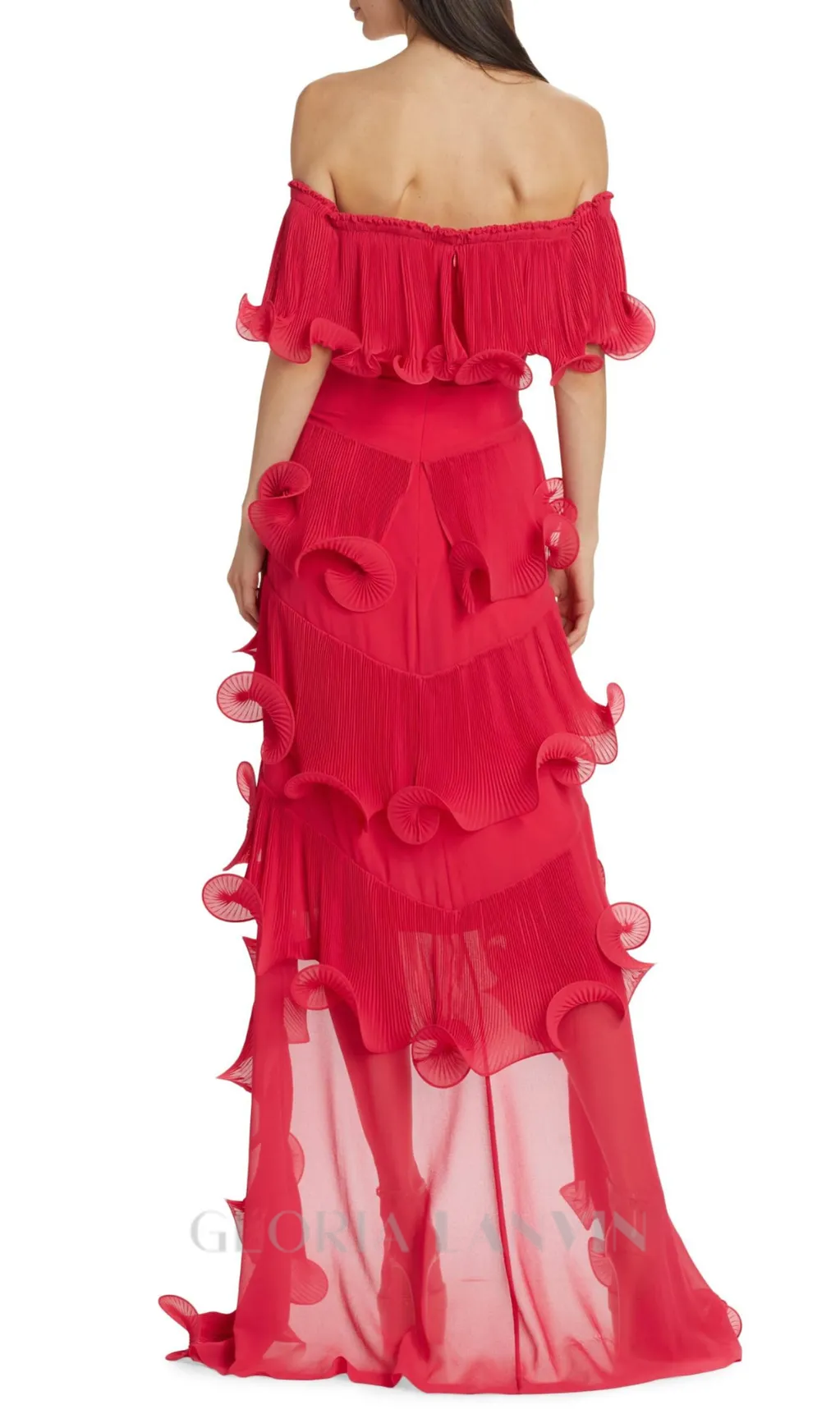 DORA ROSE RED OFF-SHOULDER PLEATED ORGANZA MAXI DRESS Gloria Lanvin