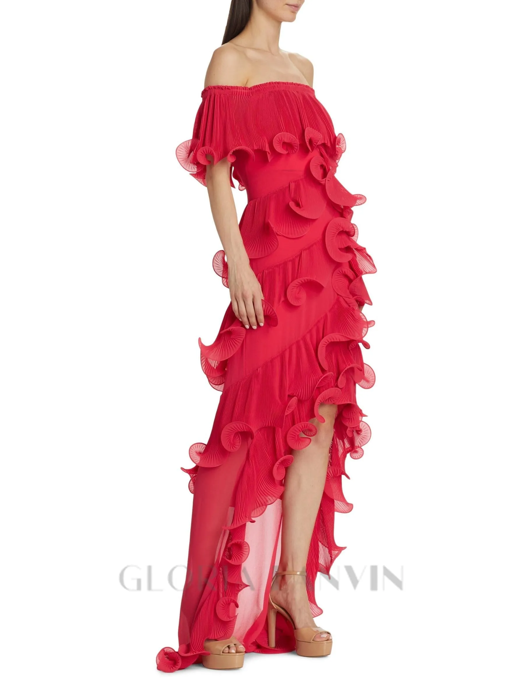 DORA ROSE RED OFF-SHOULDER PLEATED ORGANZA MAXI DRESS Gloria Lanvin