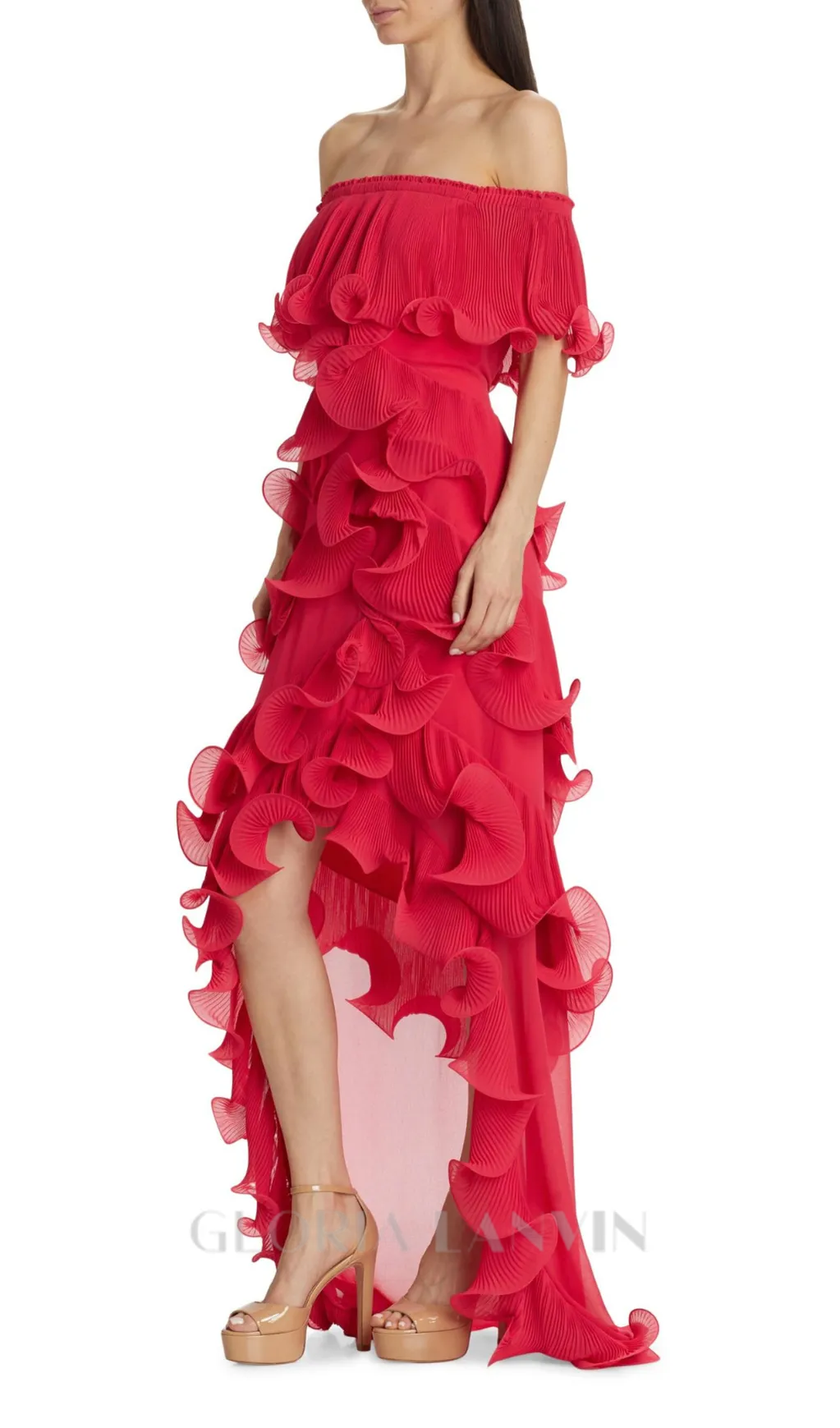 DORA ROSE RED OFF-SHOULDER PLEATED ORGANZA MAXI DRESS Gloria Lanvin