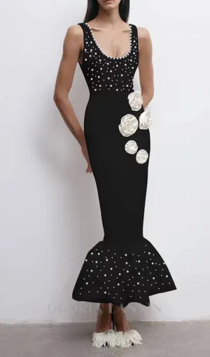 DORIS FLORAL PEARL EMBELLISHED MERMAID BLACK MAXI DRESS Gloria Lanvin
