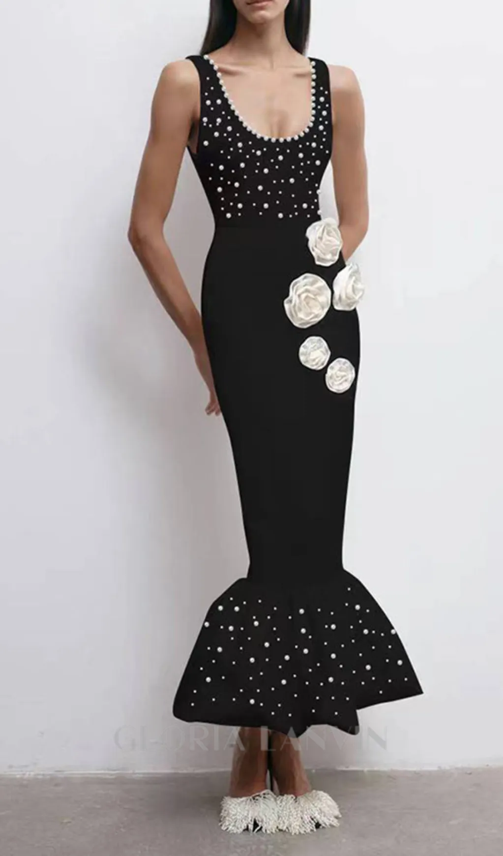 DORIS FLORAL PEARL EMBELLISHED MERMAID BLACK MAXI DRESS Gloria Lanvin