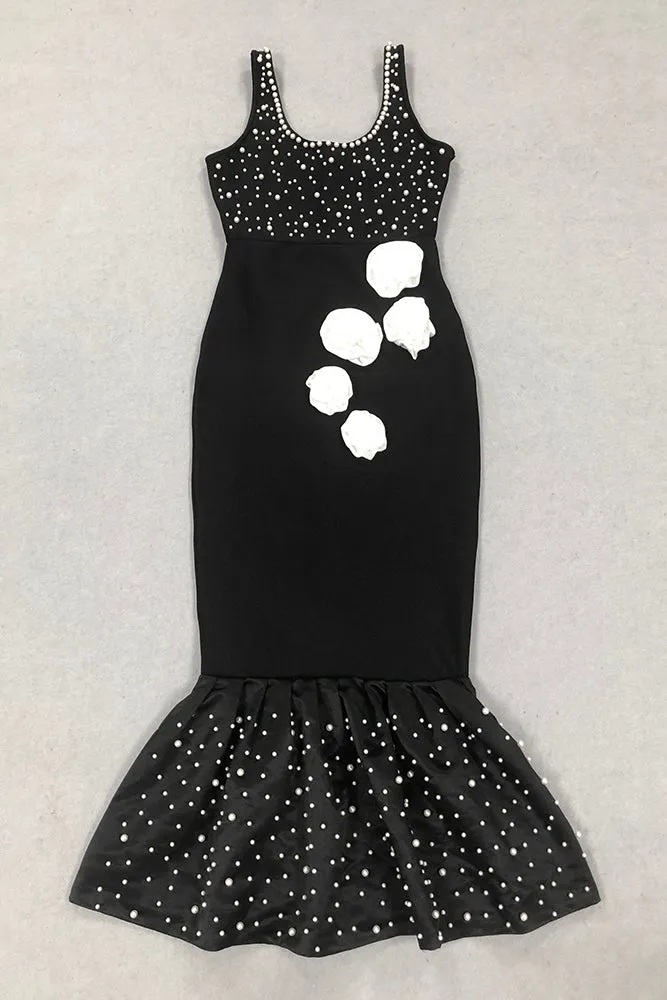 DORIS FLORAL PEARL EMBELLISHED MERMAID BLACK MAXI DRESS Gloria Lanvin