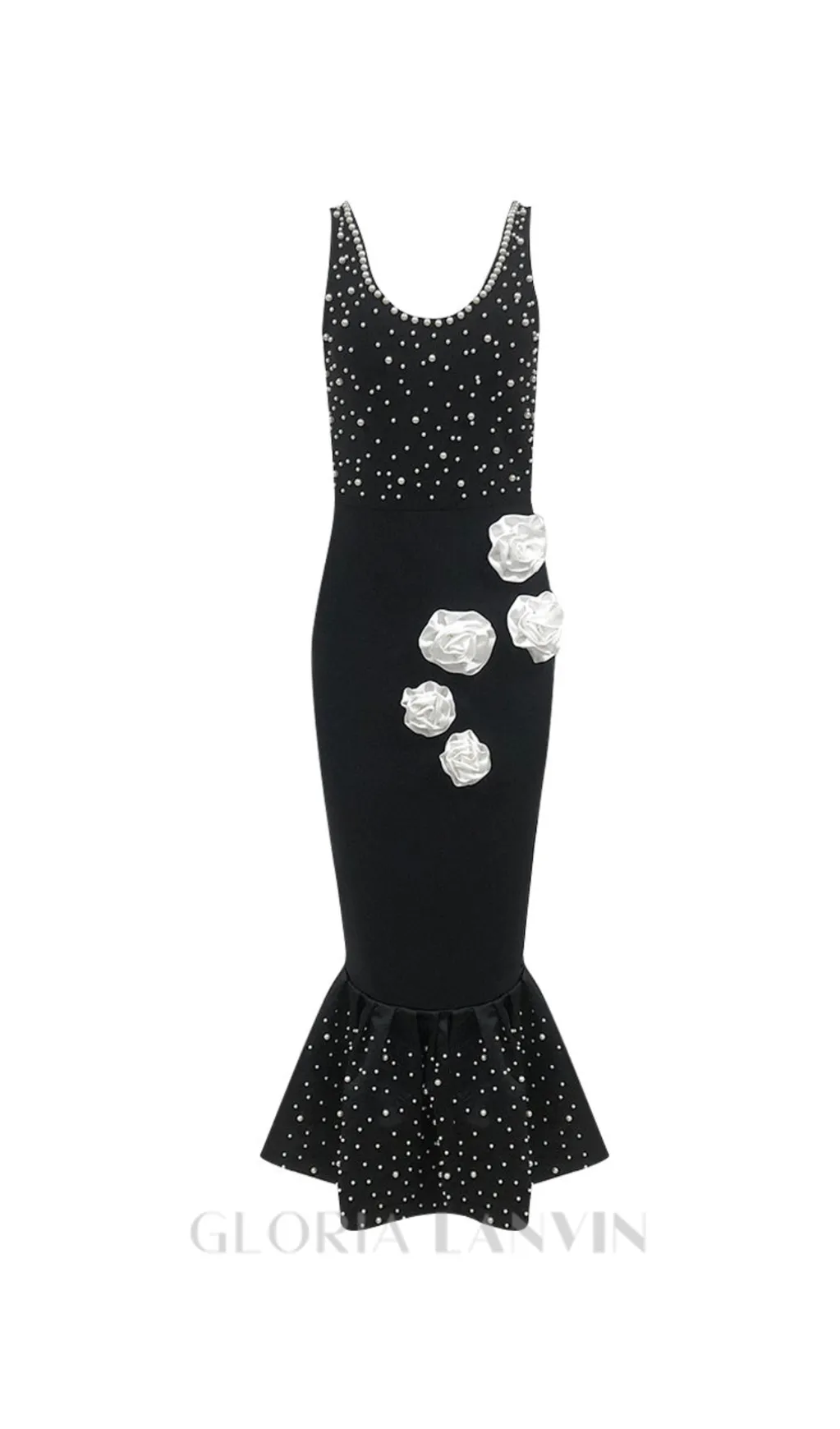 DORIS FLORAL PEARL EMBELLISHED MERMAID BLACK MAXI DRESS Gloria Lanvin