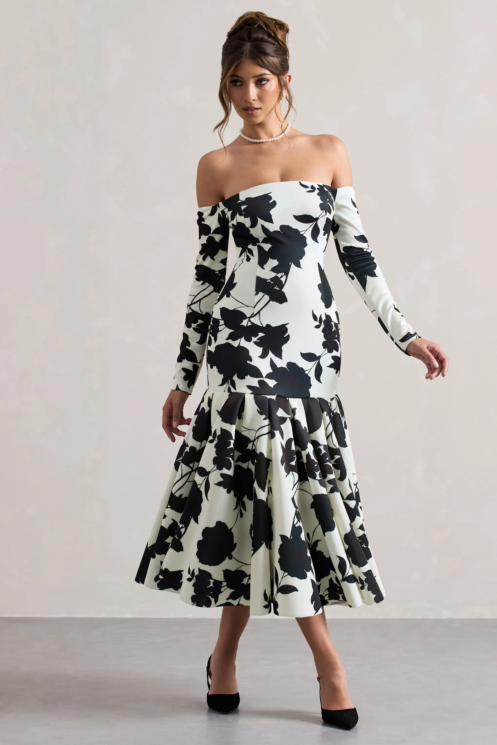 Elite | Cream Floral Print Bardot Maxi Dress With Volume Hem Club L London