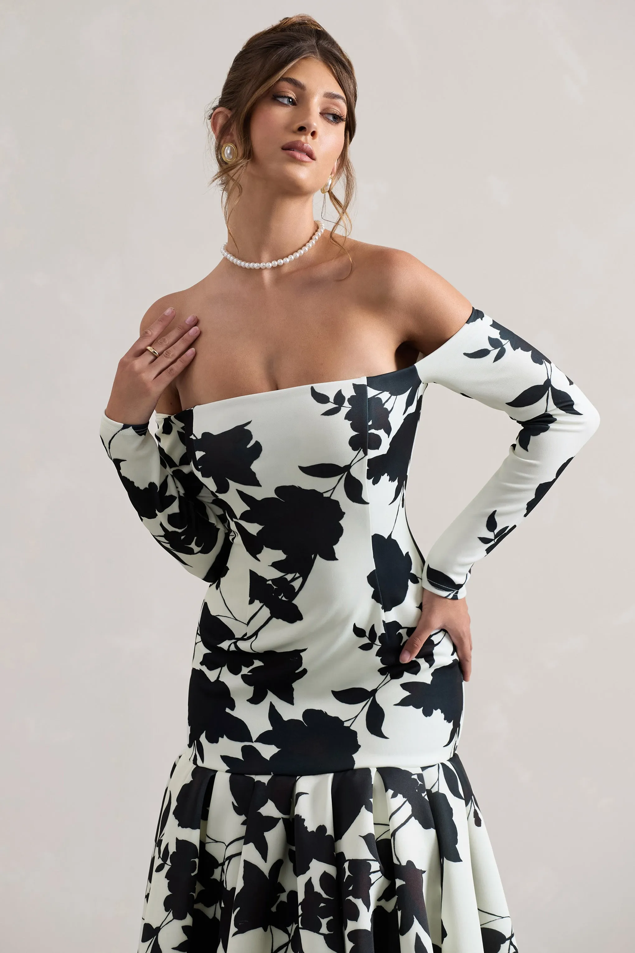 Elite | Cream Floral Print Bardot Maxi Dress With Volume Hem Club L London