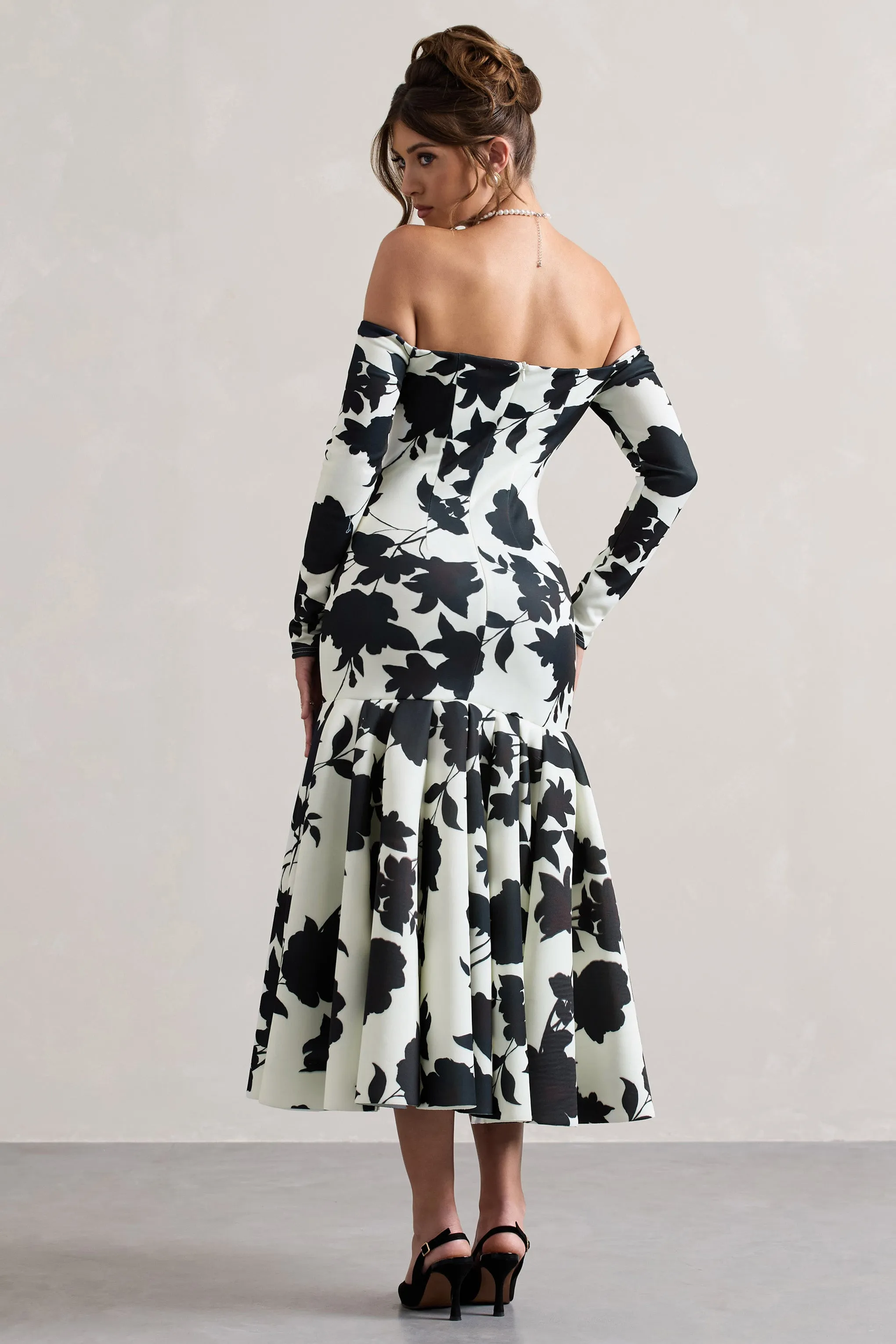 Elite | Cream Floral Print Bardot Maxi Dress With Volume Hem Club L London