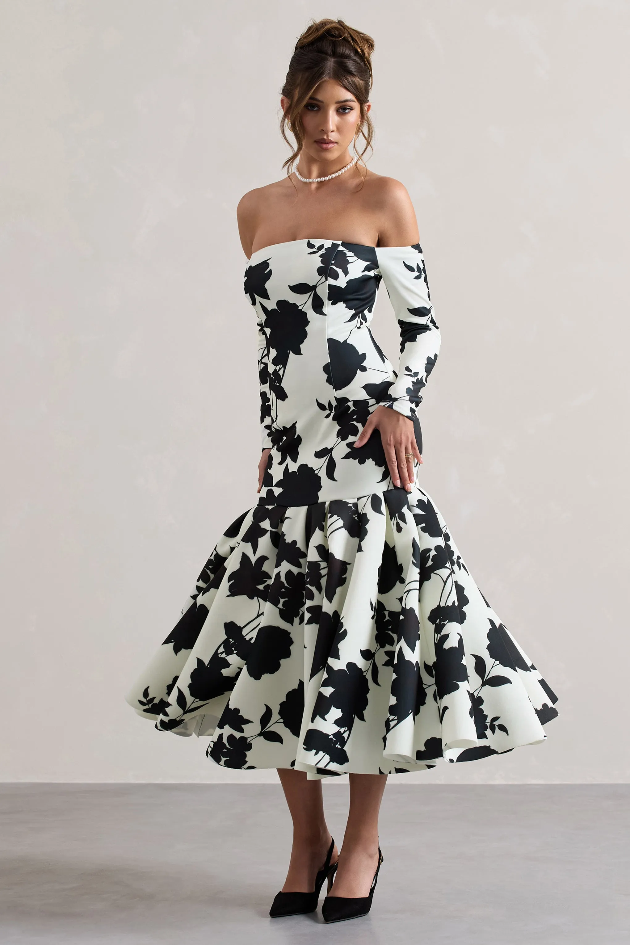 Elite | Cream Floral Print Bardot Maxi Dress With Volume Hem Club L London