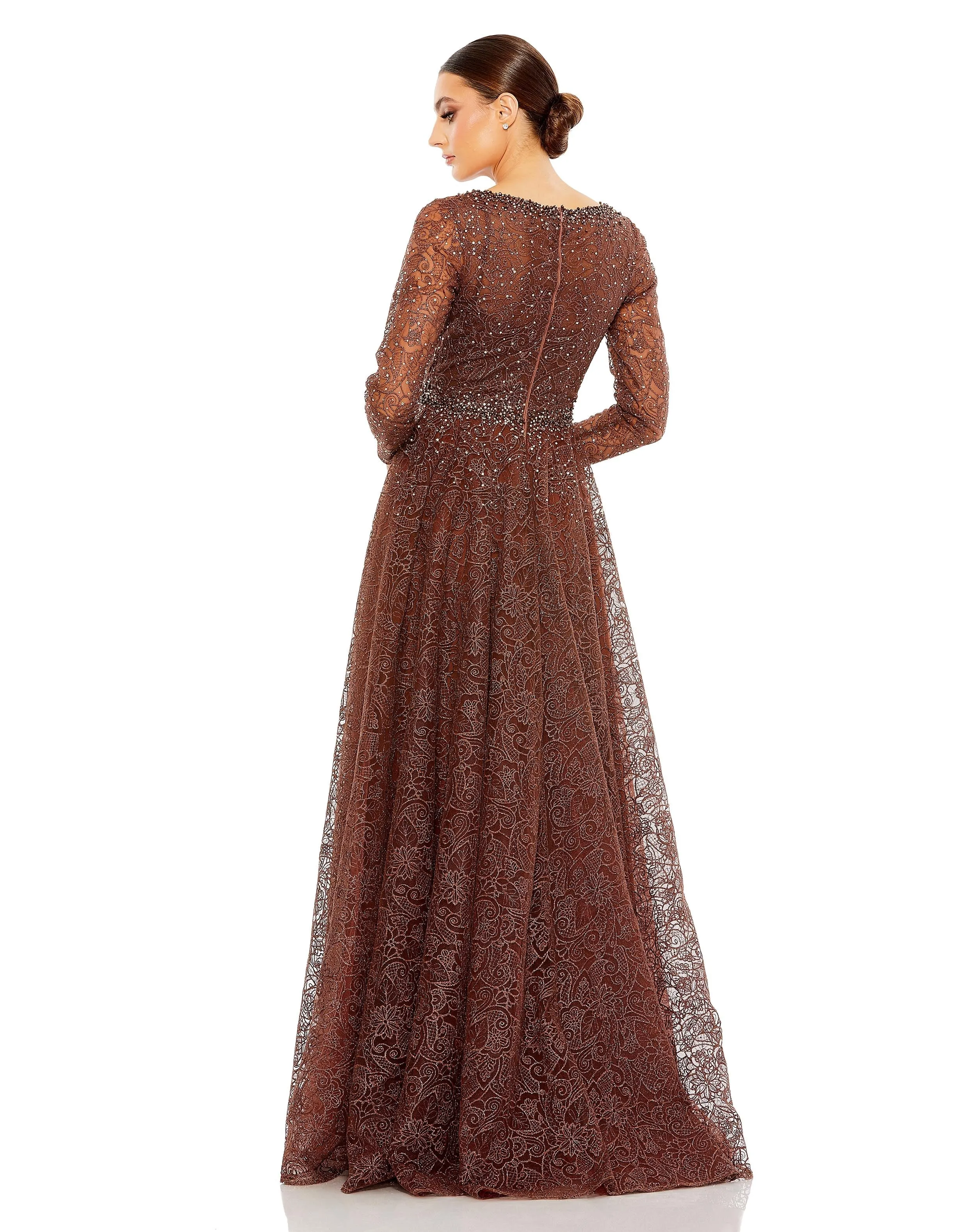 Embellished Illusion Long Sleeve V Neck Gown