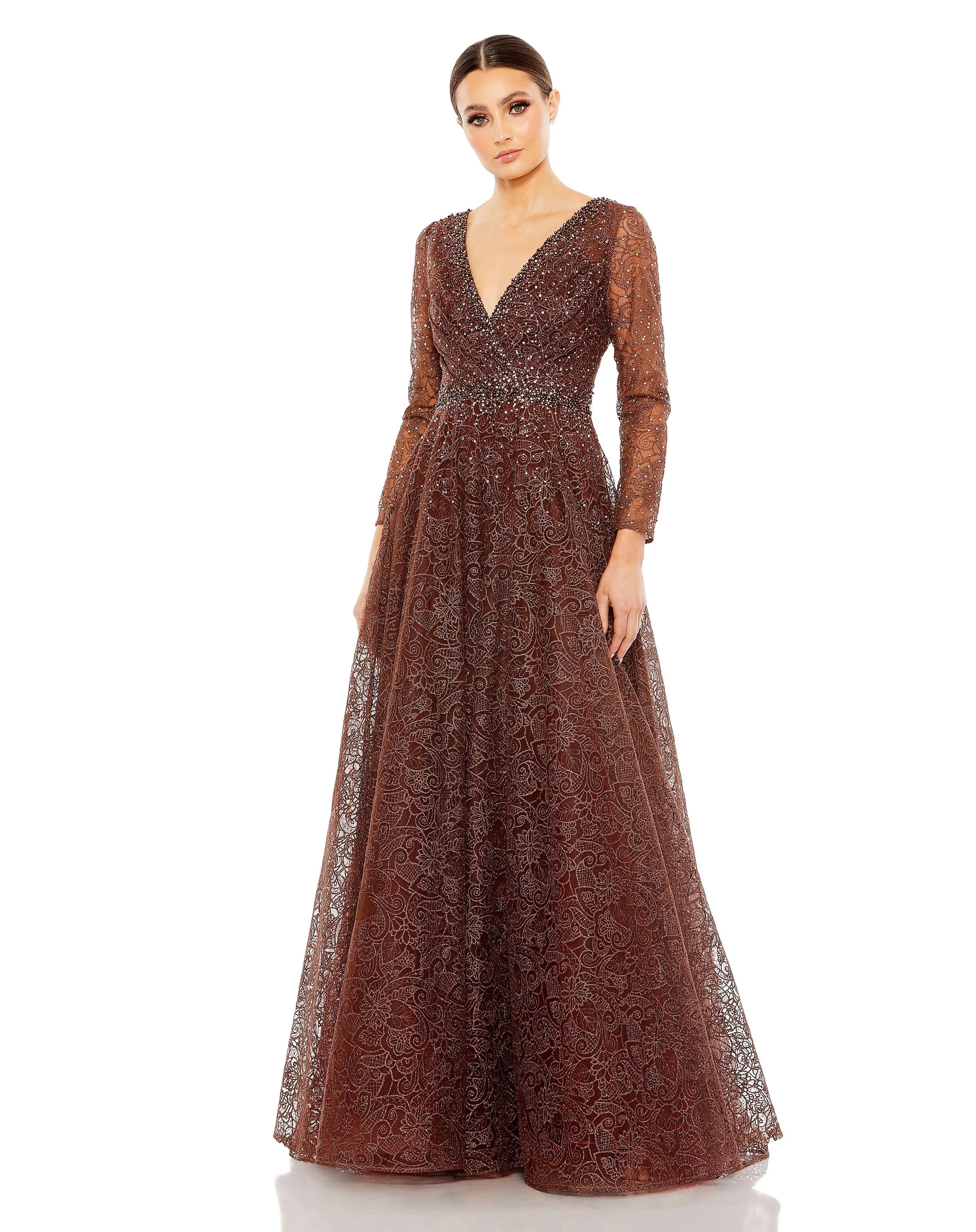 Embellished Illusion Long Sleeve V Neck Gown