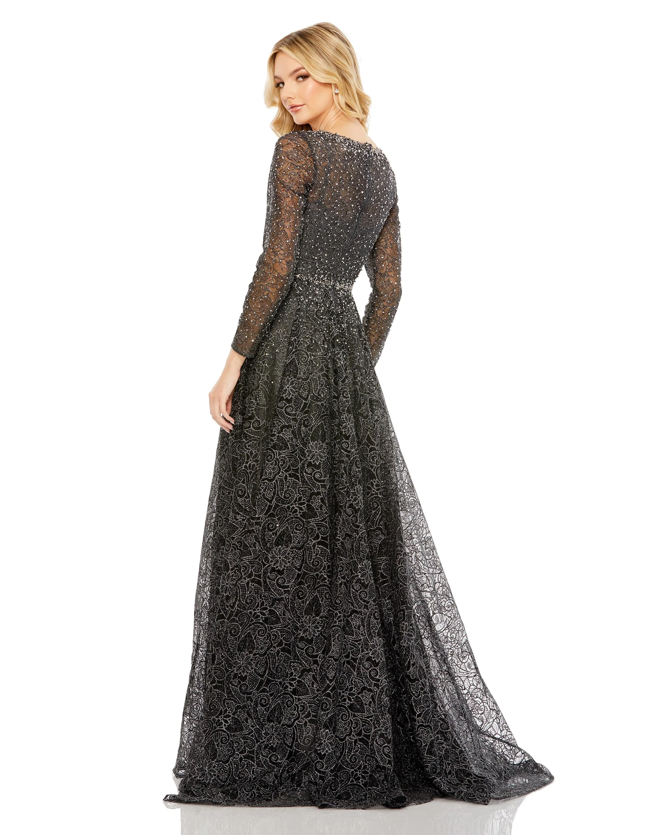 Embellished Illusion Long Sleeve V Neck Gown