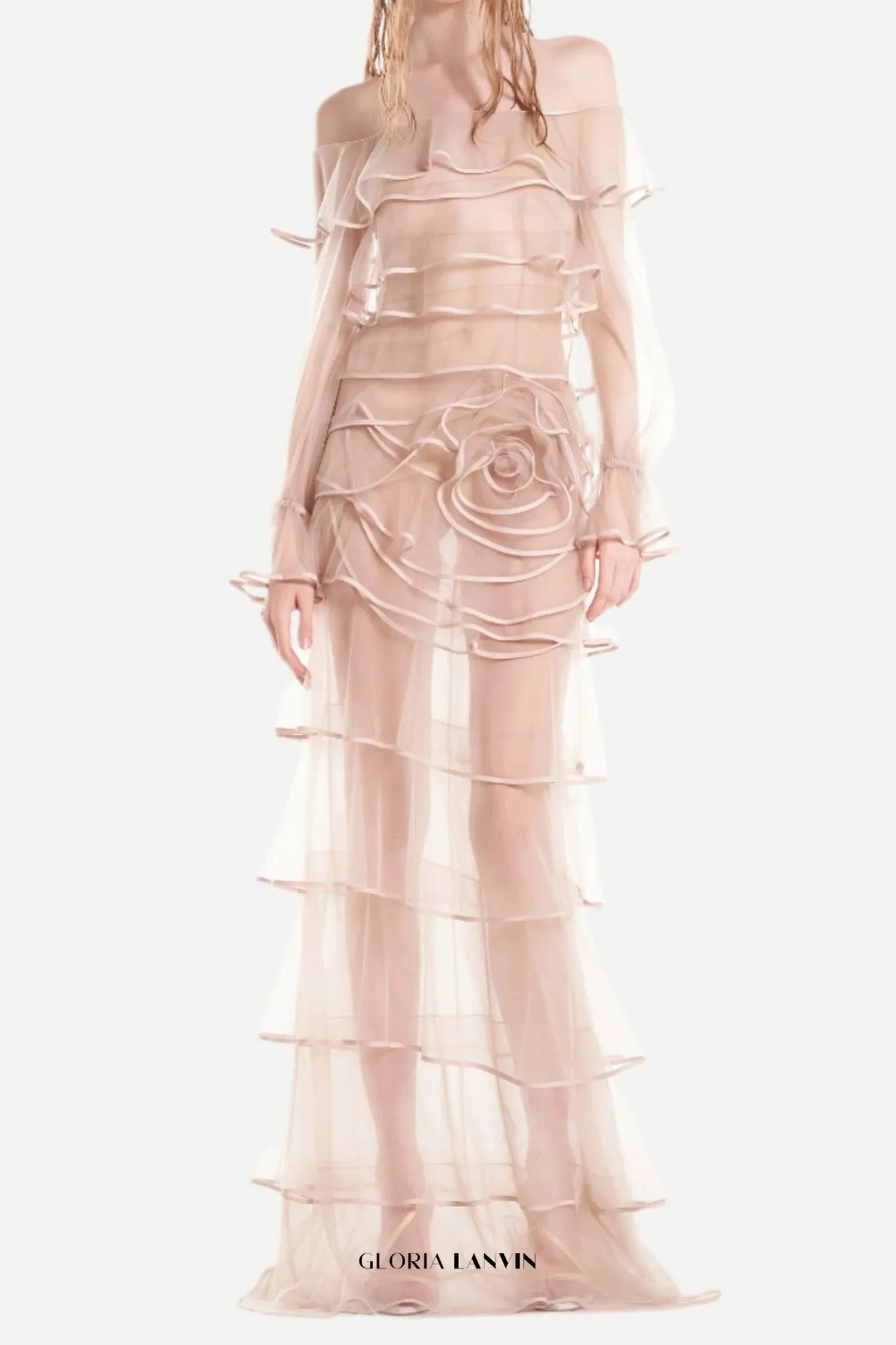 eudora floral inspired ruffle layer tulle gown in nude Gloria Lanvin
