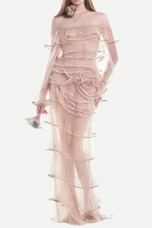 eudora floral inspired ruffle layer tulle gown in nude Gloria Lanvin