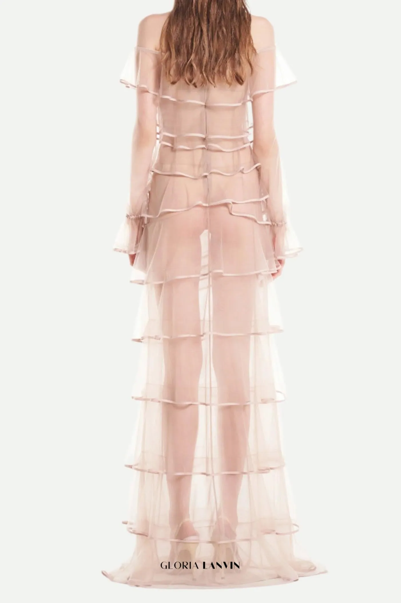 eudora floral inspired ruffle layer tulle gown in nude Gloria Lanvin