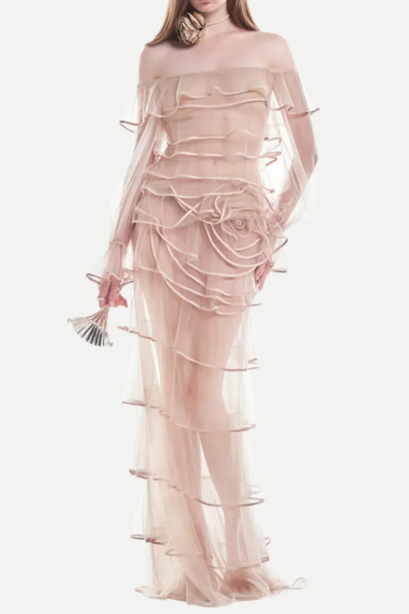 eudora floral inspired ruffle layer tulle gown in nude Gloria Lanvin