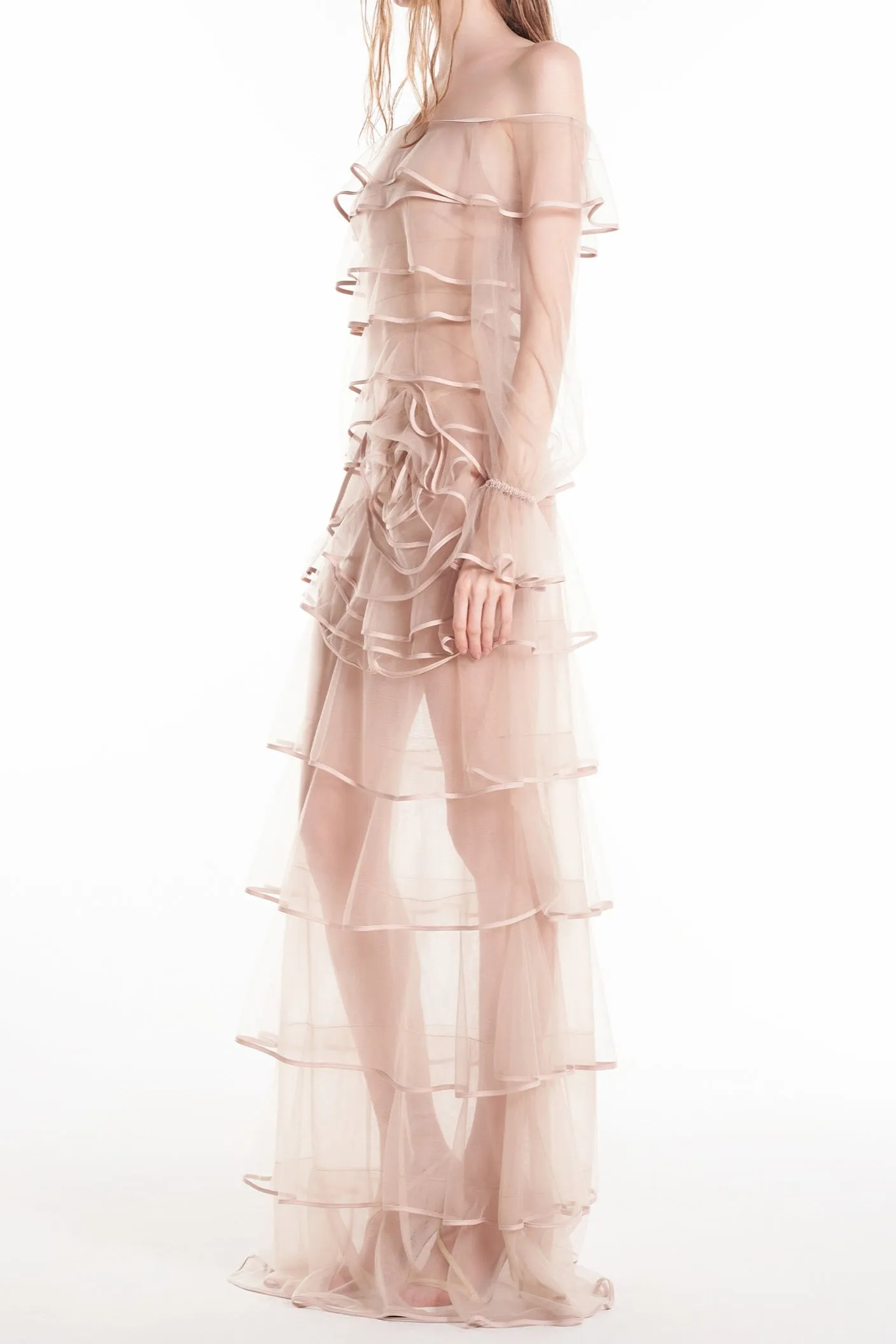 eudora floral inspired ruffle layer tulle gown in nude Gloria Lanvin